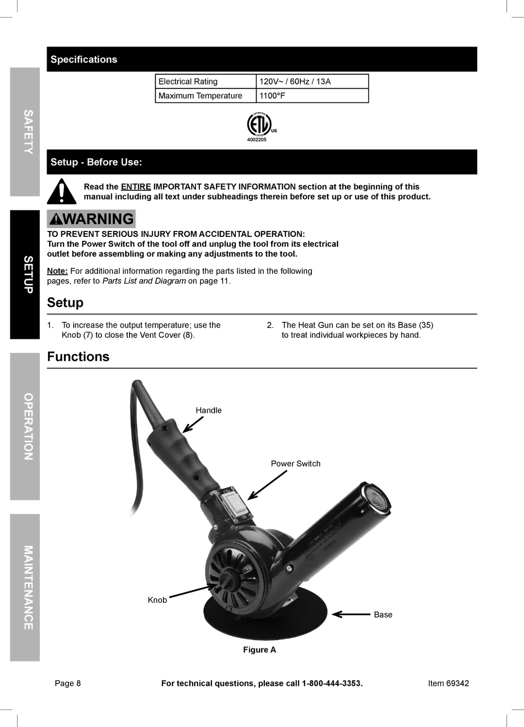 Harbor Freight Tools 69342 owner manual Functions, Specifications, Setup Before Use 