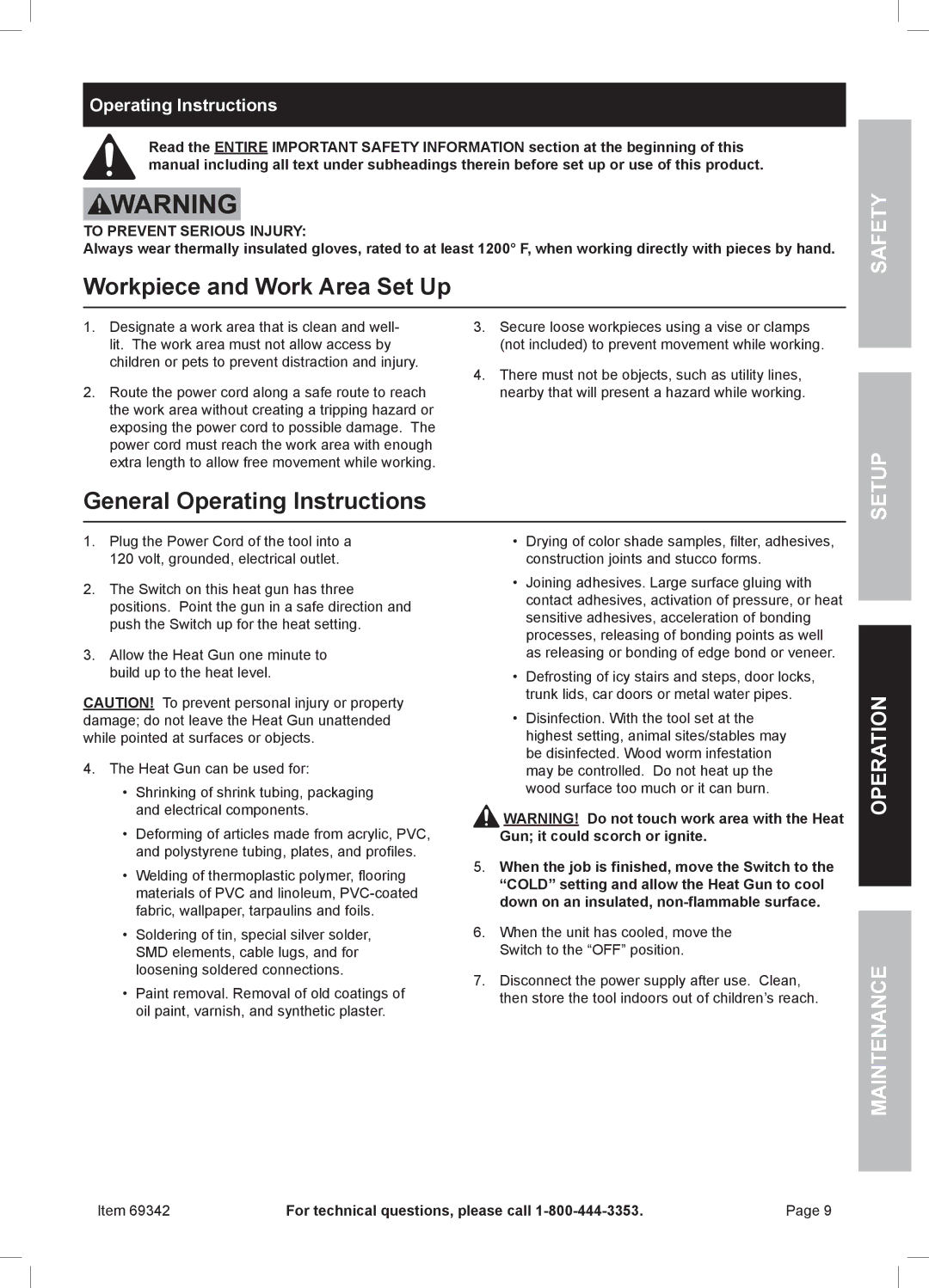 Harbor Freight Tools 69342 owner manual Workpiece and Work Area Set Up, Operating Instructions 