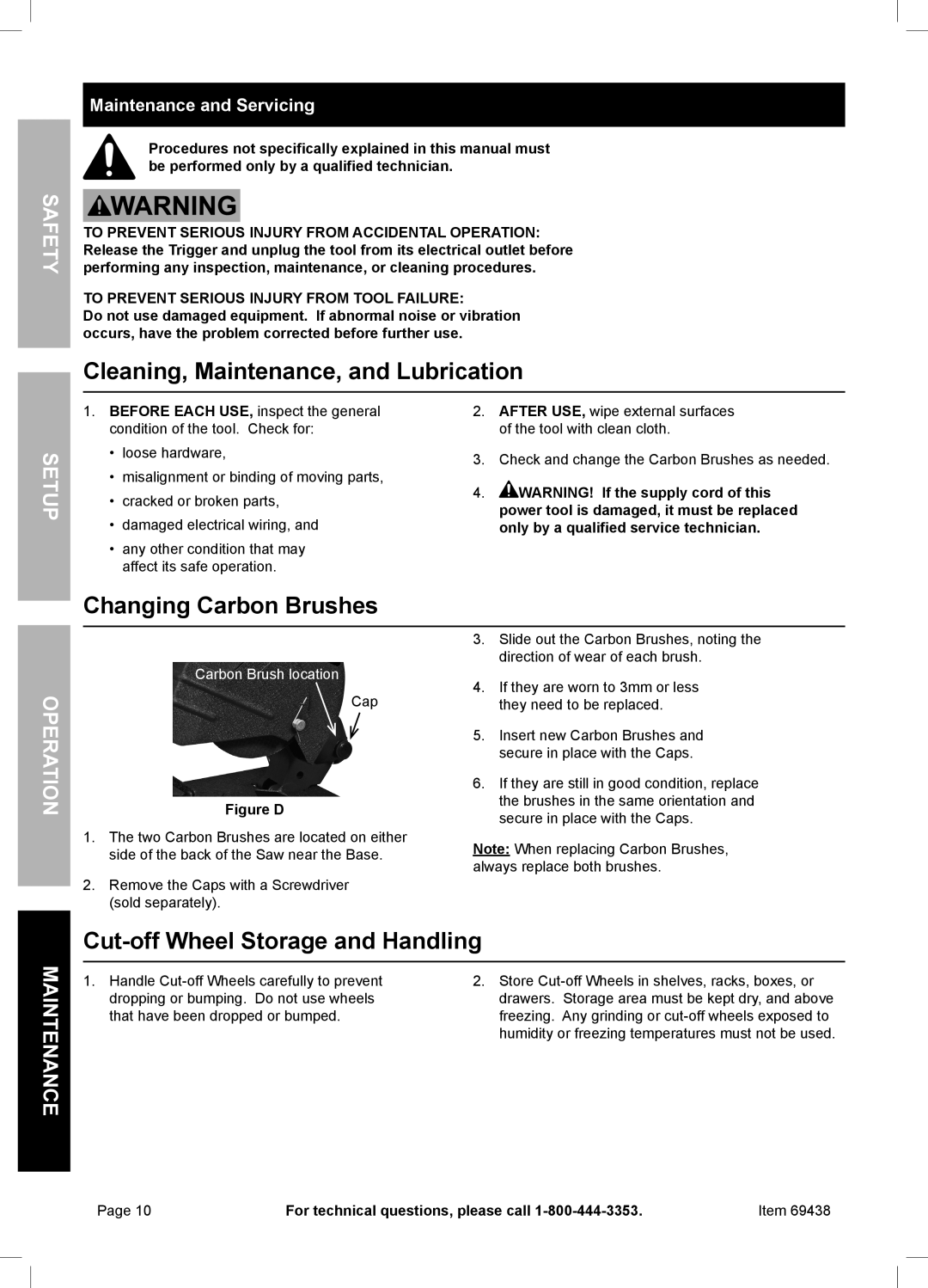 Harbor Freight Tools 69438 owner manual Cleaning, Maintenance, and Lubrication, Changing Carbon Brushes, Rati Ope 