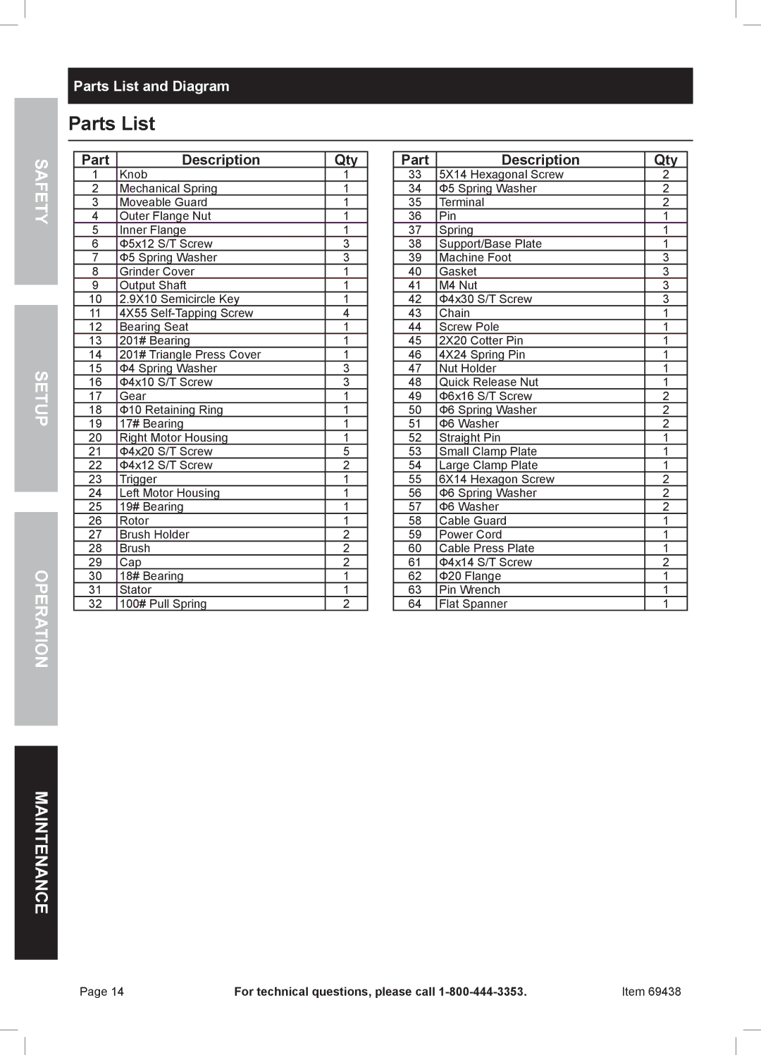 Harbor Freight Tools 69438 owner manual Fet, Parts List and Diagram 