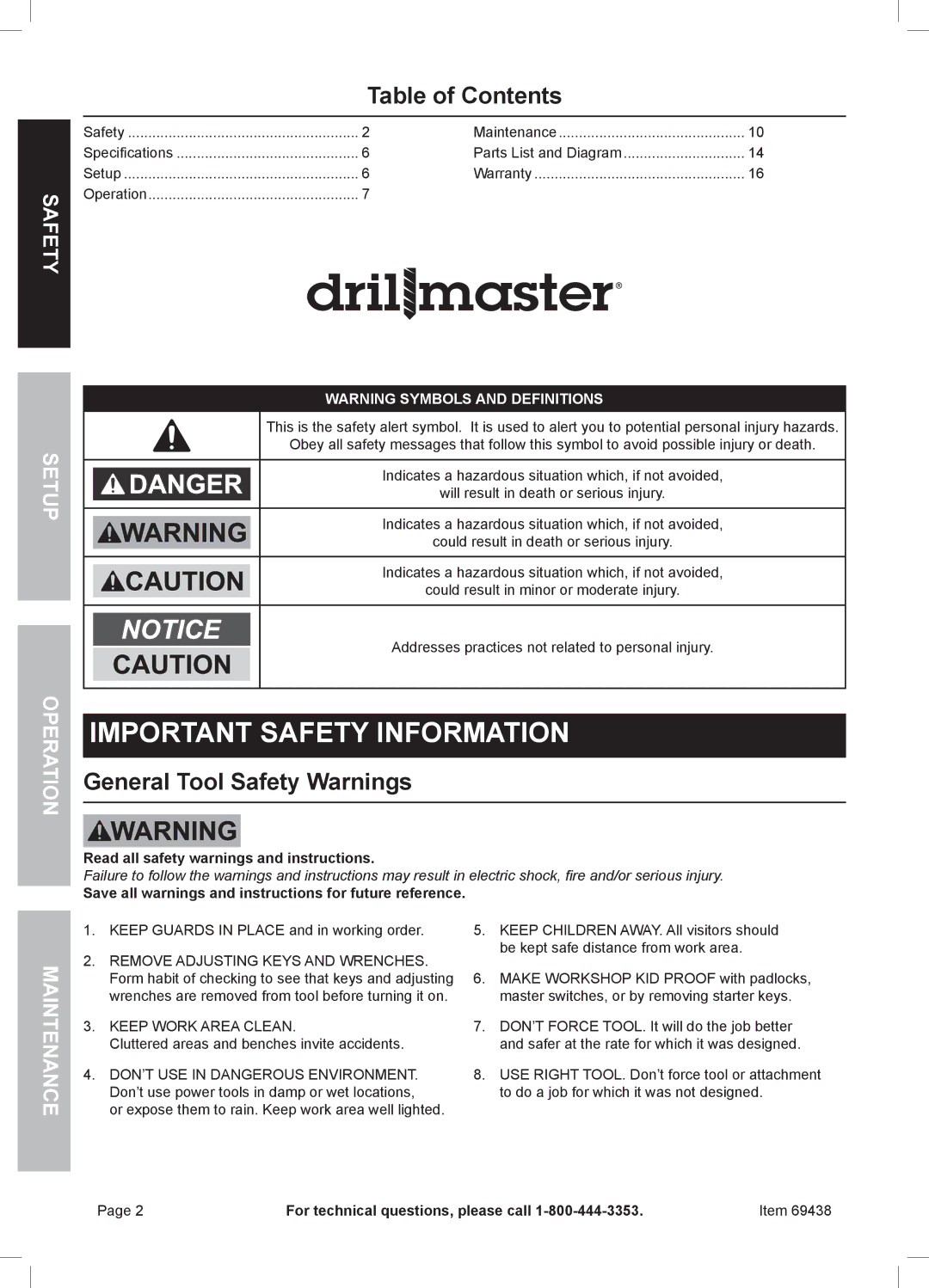 Harbor Freight Tools 69438 owner manual Table of Contents, General Tool Safety Warnings 