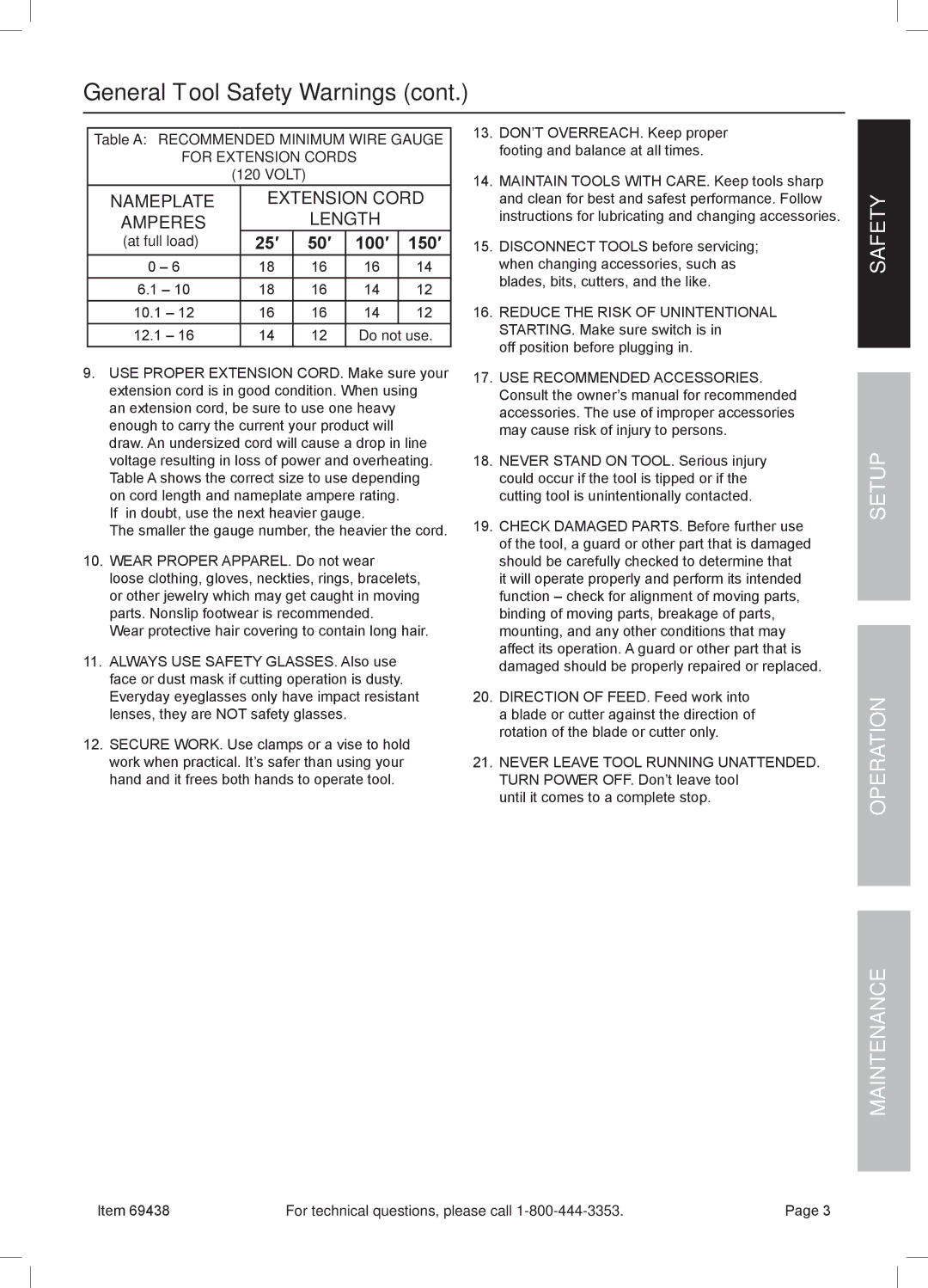 Harbor Freight Tools 69438 Safety Setup Operation Maintenance, Table a Recommended Minimum Wire Gauge, Volt, At full load 