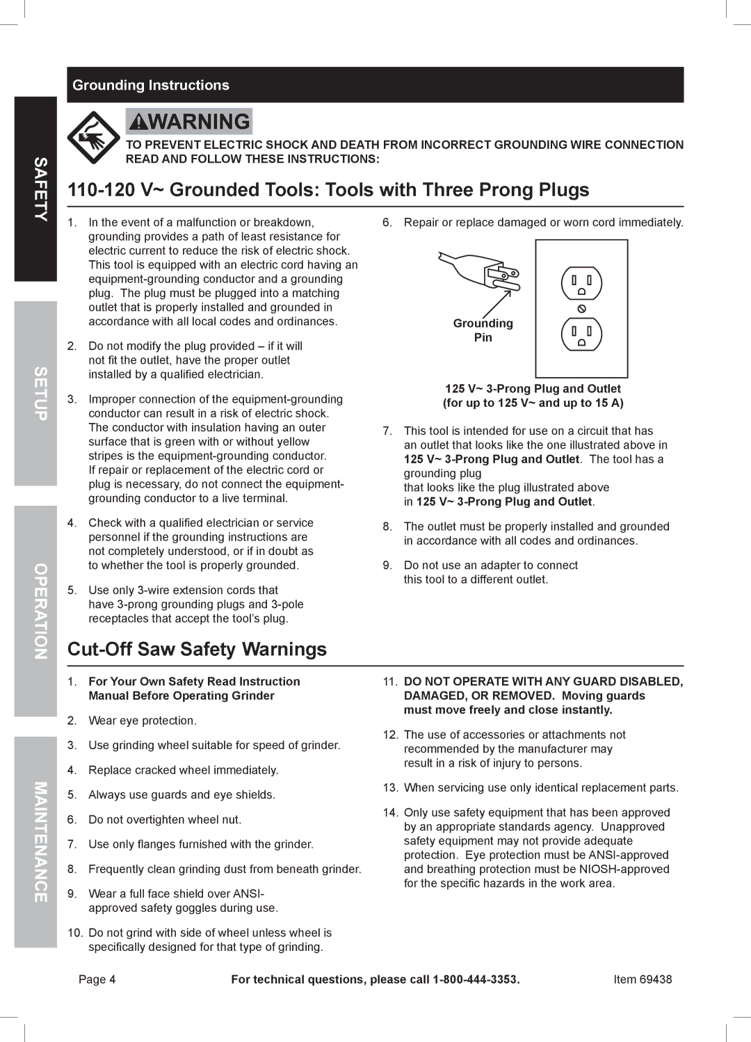 Harbor Freight Tools 69438 110-120 V~ Grounded Tools Tools with Three Prong Plugs, Cut-Off Saw Safety Warnings, Fet Sa 