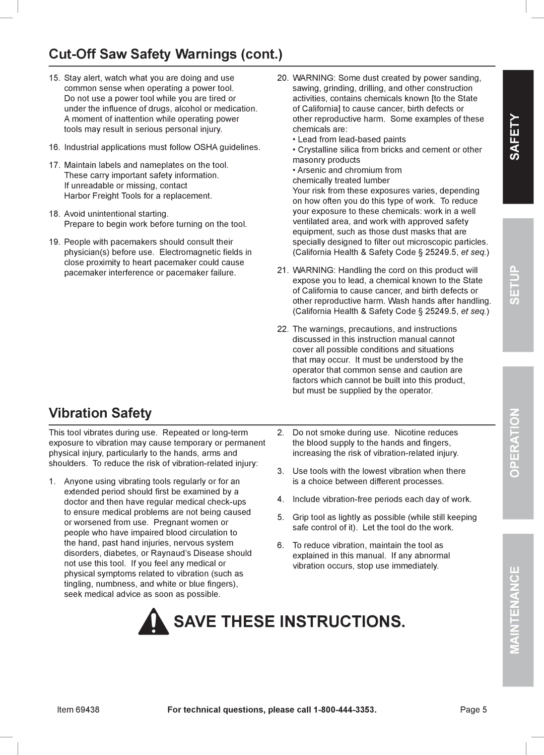 Harbor Freight Tools 69438 owner manual Vibration Safety, Safety Setup 