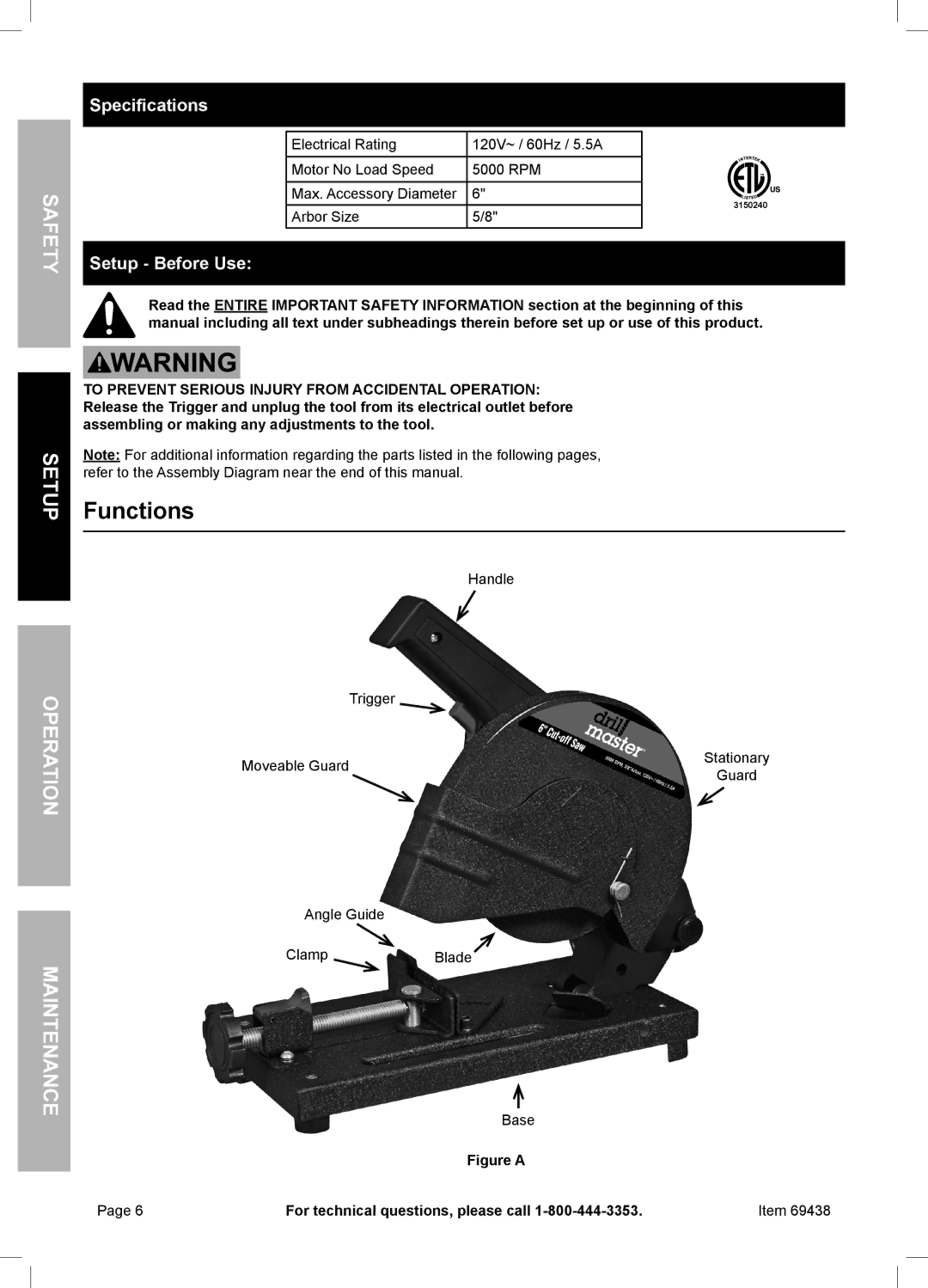 Harbor Freight Tools 69438 owner manual Functions, Specifications, Setup Before Use 