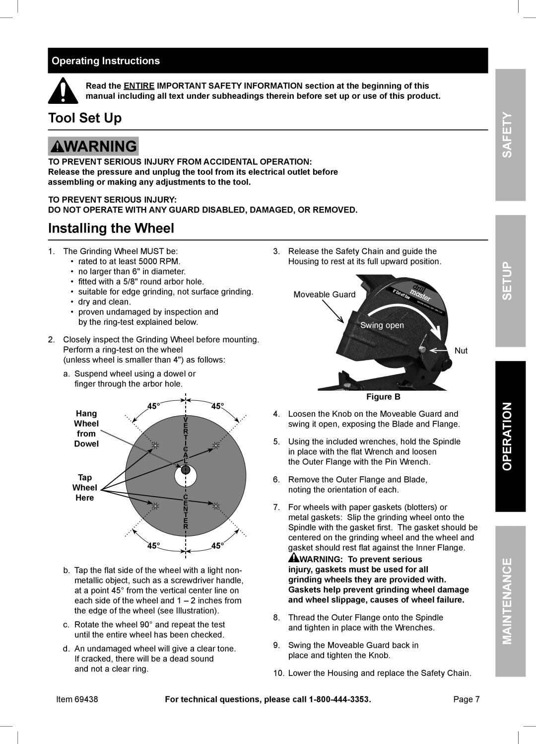 Harbor Freight Tools 69438 Tool Set Up, Installing the Wheel, Safety, Setup Operation Maintenance, Operating Instructions 