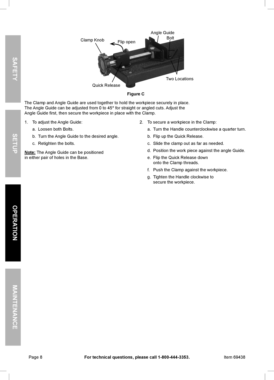 Harbor Freight Tools 69438 owner manual Setup No rati Ope Maintenan, Figure C 