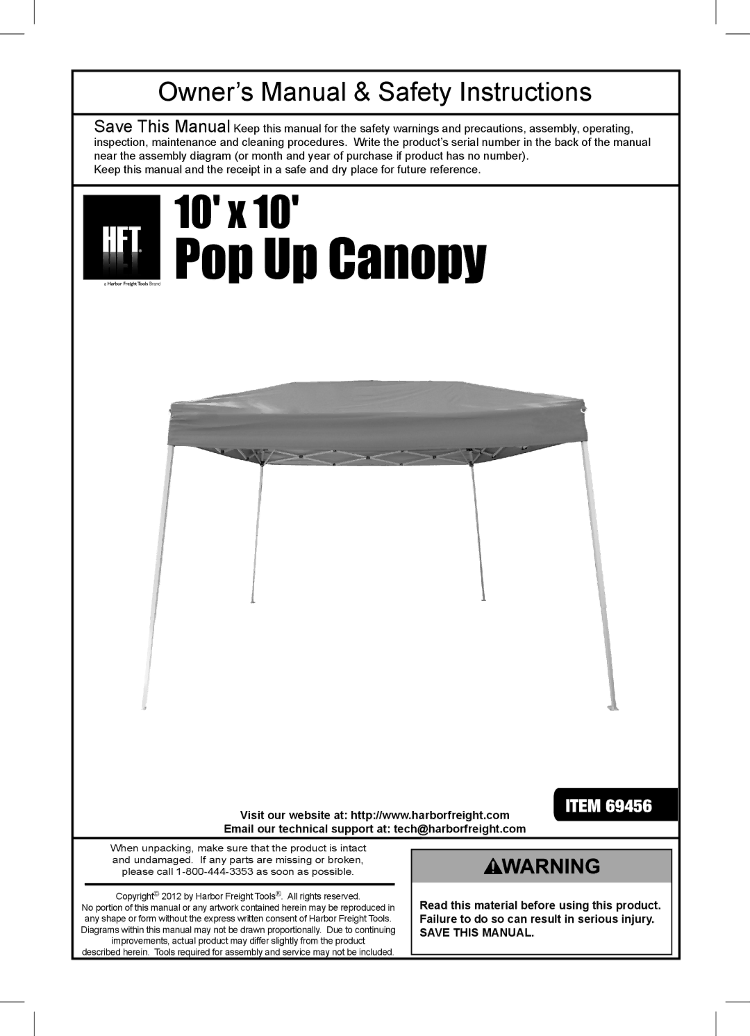 Harbor Freight Tools 69456 owner manual Pop Up Canopy 