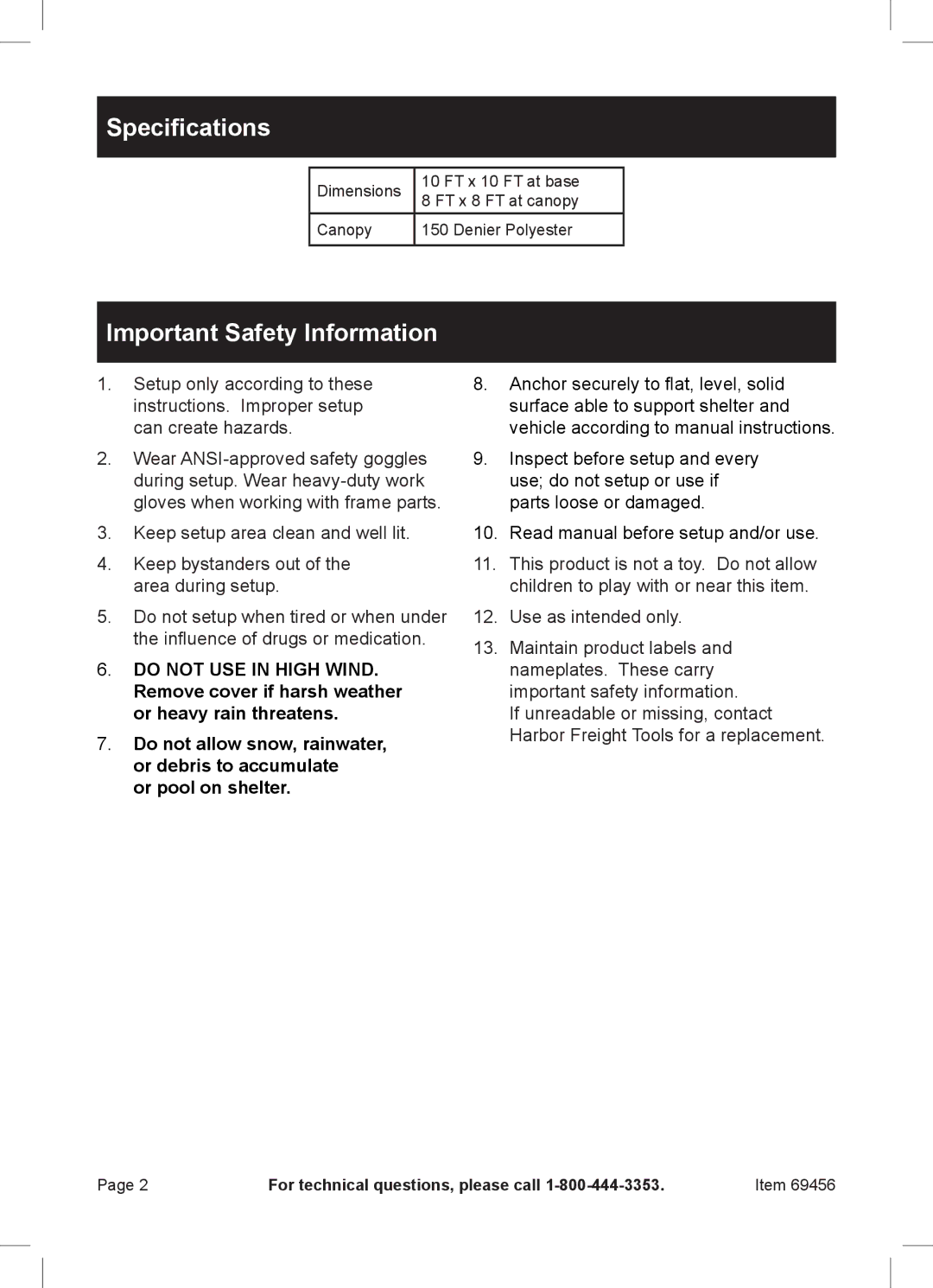 Harbor Freight Tools 69456 owner manual Specifications, Important Safety Information 