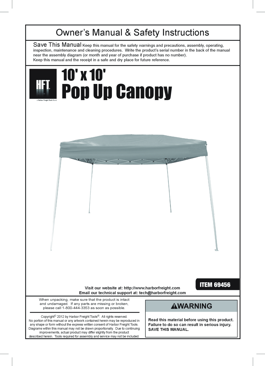 Harbor Freight Tools 69456 owner manual Pop Up Canopy 