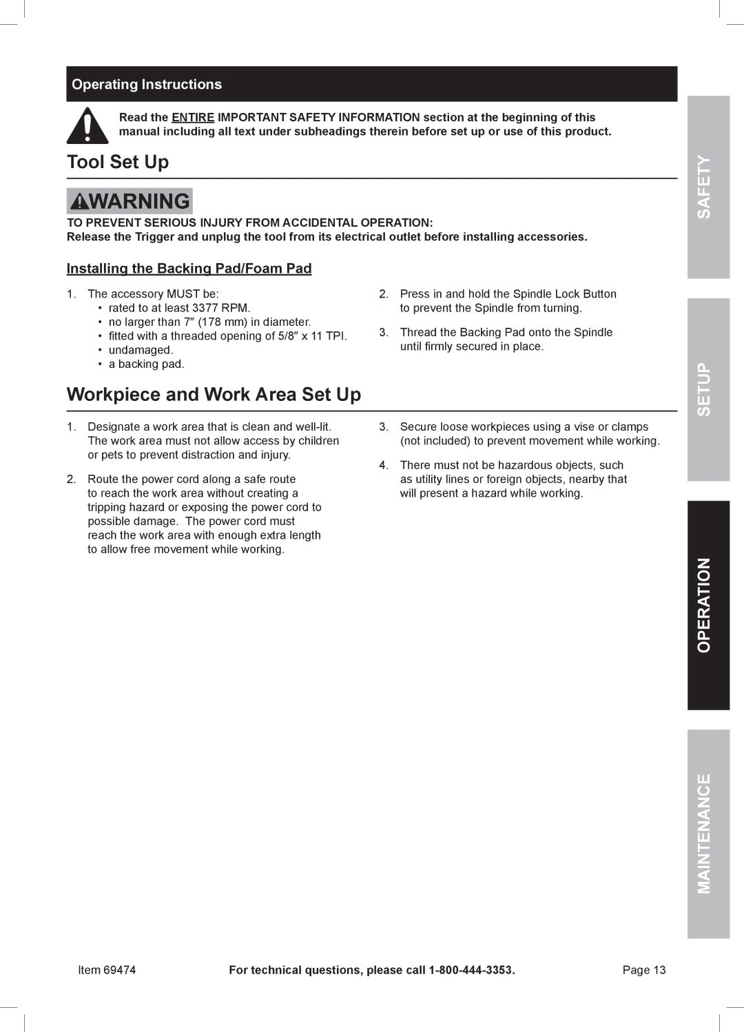 Harbor Freight Tools 69474 owner manual Tool Set Up, Workpiece and Work Area Set Up, Setup Operation Maintenance 