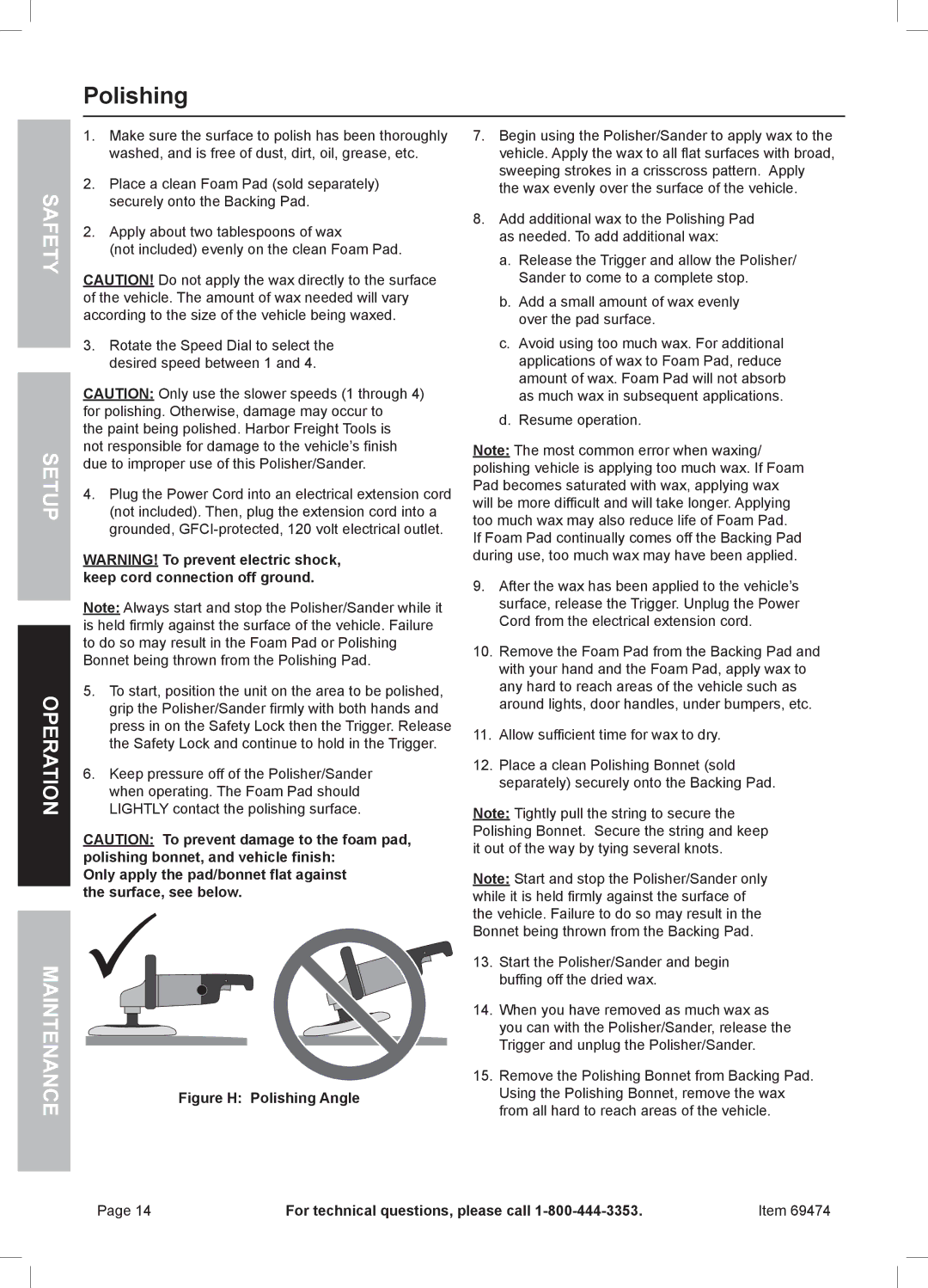 Harbor Freight Tools 69474 owner manual Polishing, Fet Sa Setup No rati Ope Maintenan 