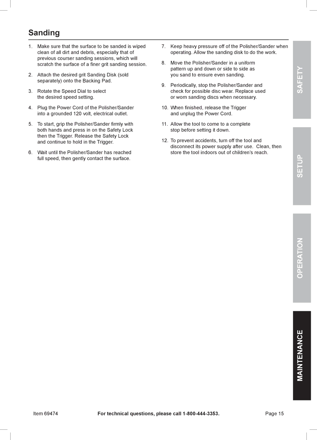 Harbor Freight Tools 69474 owner manual Sanding, Safety Setup Operation Maintenance 