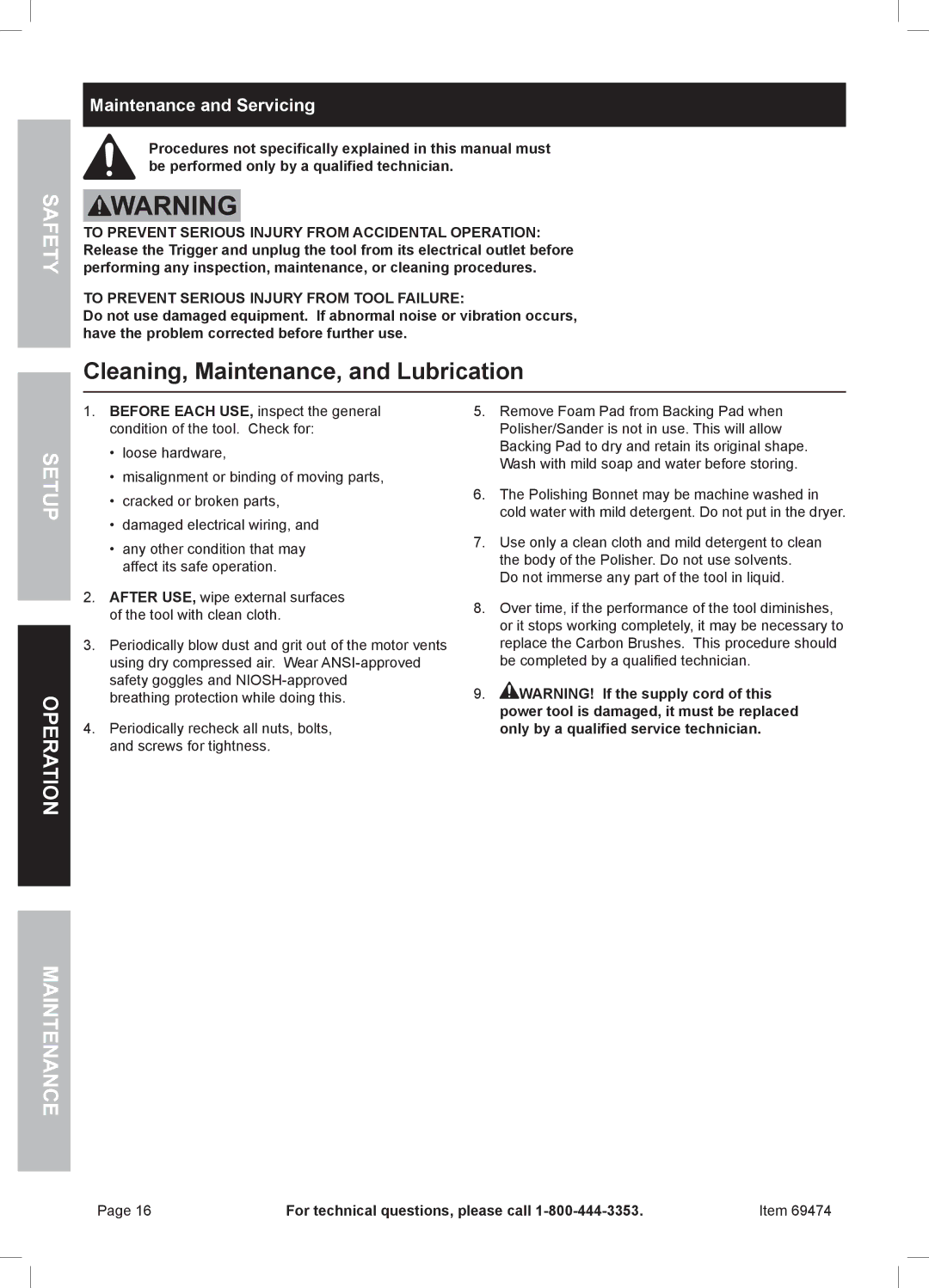 Harbor Freight Tools 69474 owner manual Cleaning, Maintenance, and Lubrication, Maintenance and Servicing 