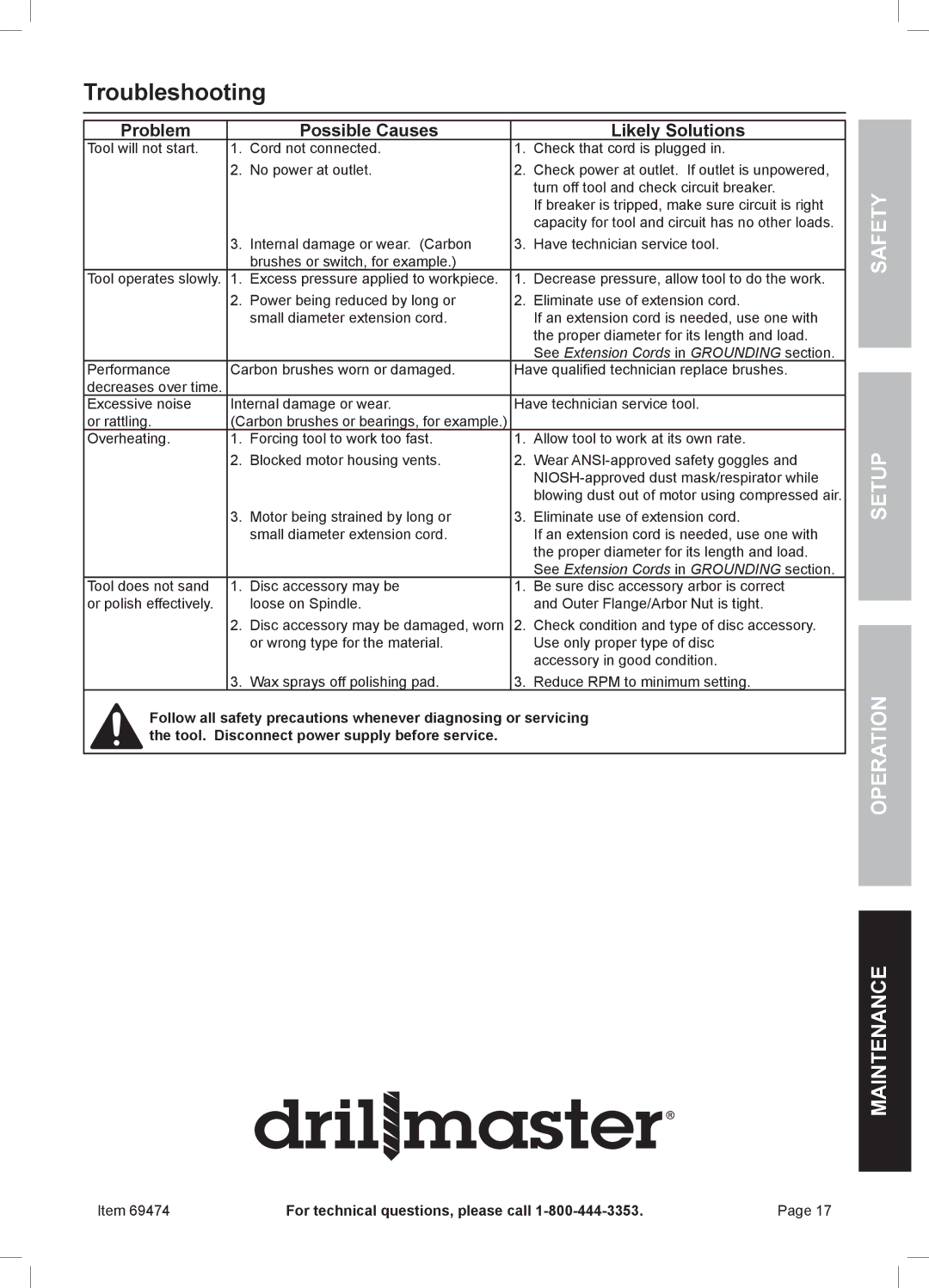 Harbor Freight Tools 69474 owner manual Troubleshooting, Problem Possible Causes Likely Solutions 