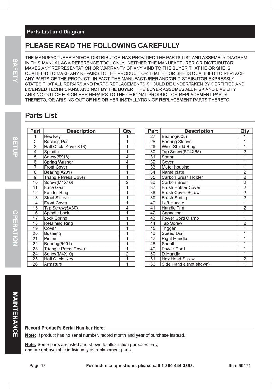 Harbor Freight Tools 69474 owner manual Parts List and Diagram, Qty Part Description 