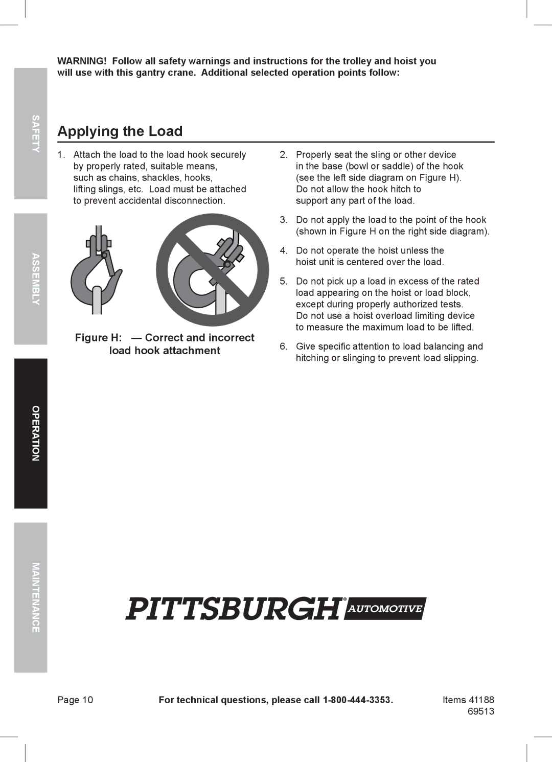 Harbor Freight Tools 69513, 41188 manual Applying the Load, Assembly Operation Maintenance 