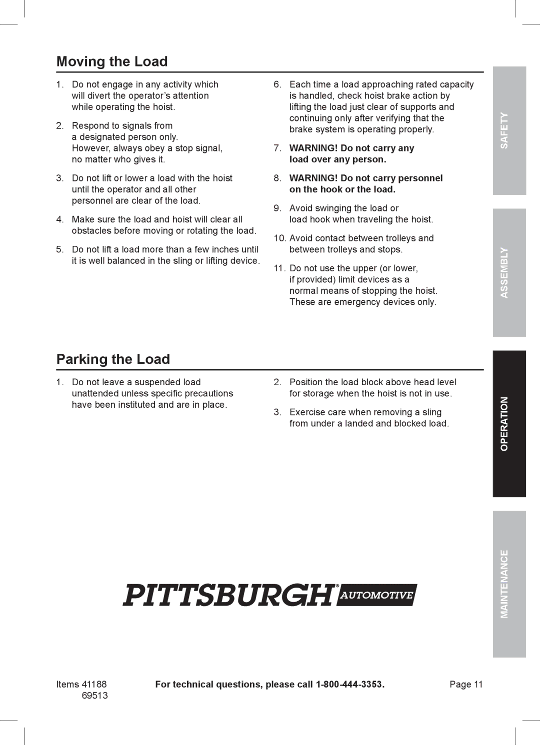 Harbor Freight Tools 41188, 69513 manual Moving the Load, Parking the Load 