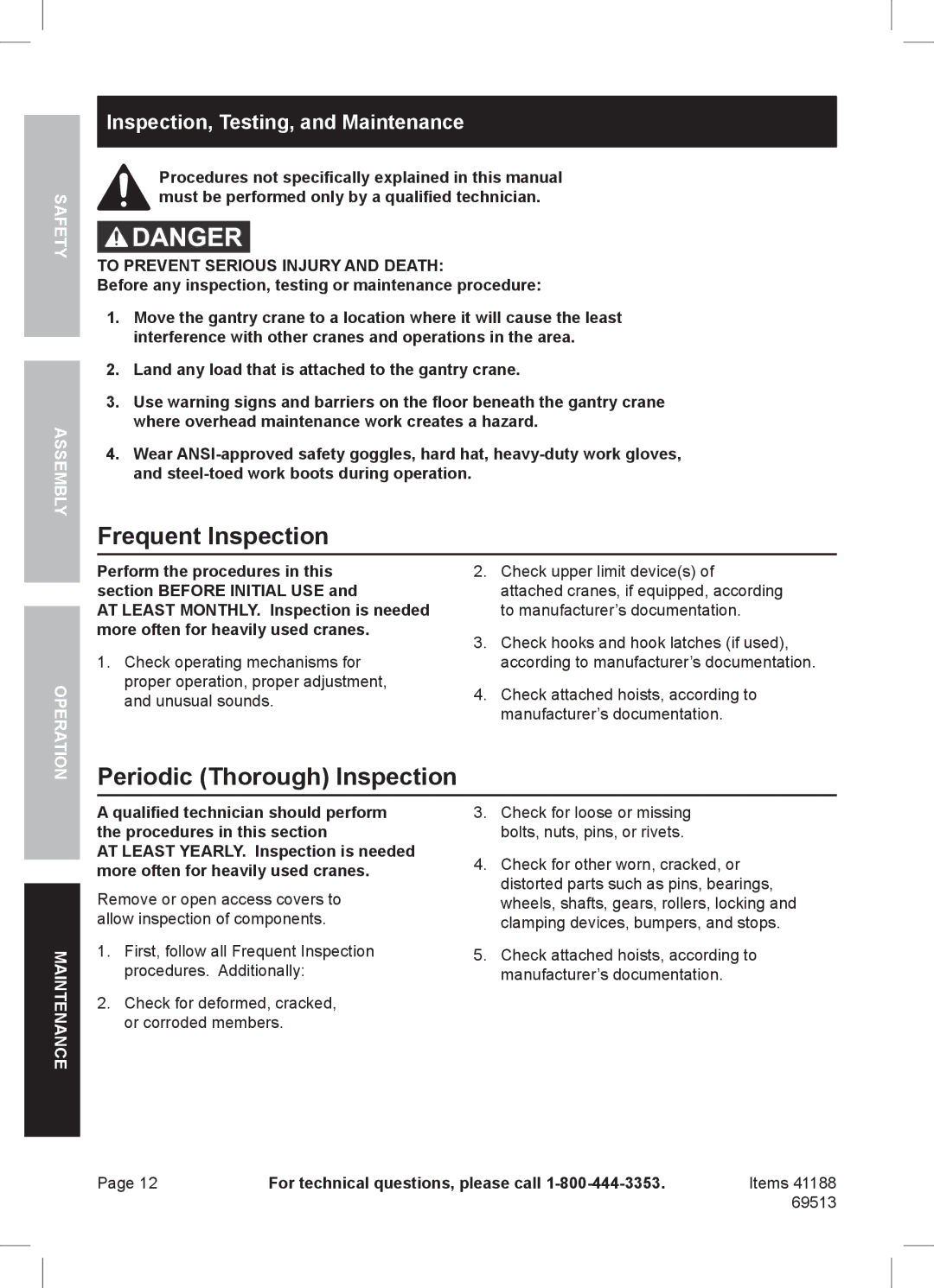 Harbor Freight Tools 69513, 41188 Frequent Inspection, Periodic Thorough Inspection, Inspection, Testing, and Maintenance 