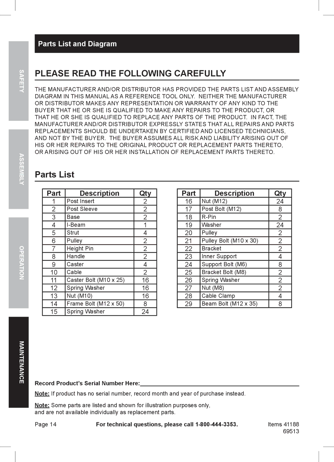 Harbor Freight Tools 69513, 41188 manual Parts List and Diagram 