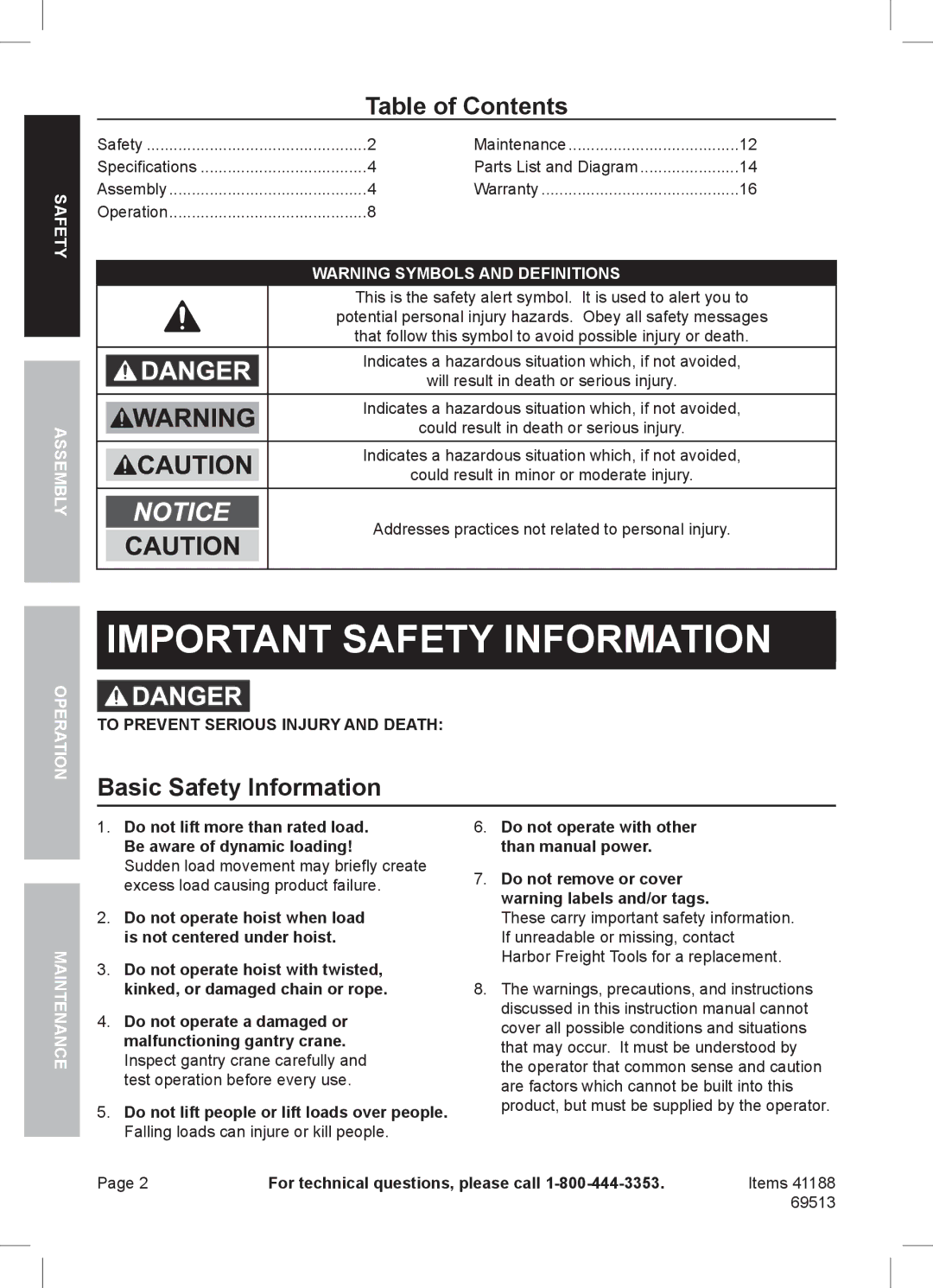 Harbor Freight Tools 69513, 41188 manual Table of Contents, Basic Safety Information 