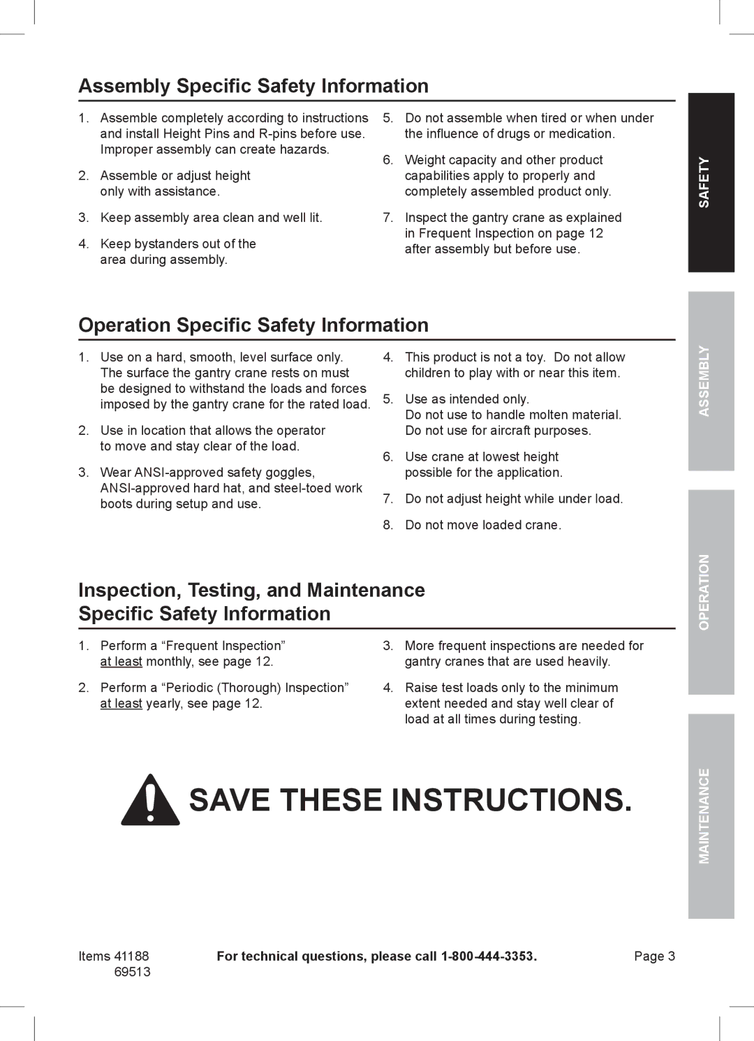 Harbor Freight Tools 41188, 69513 manual Assembly Specific Safety Information, Operation Specific Safety Information 