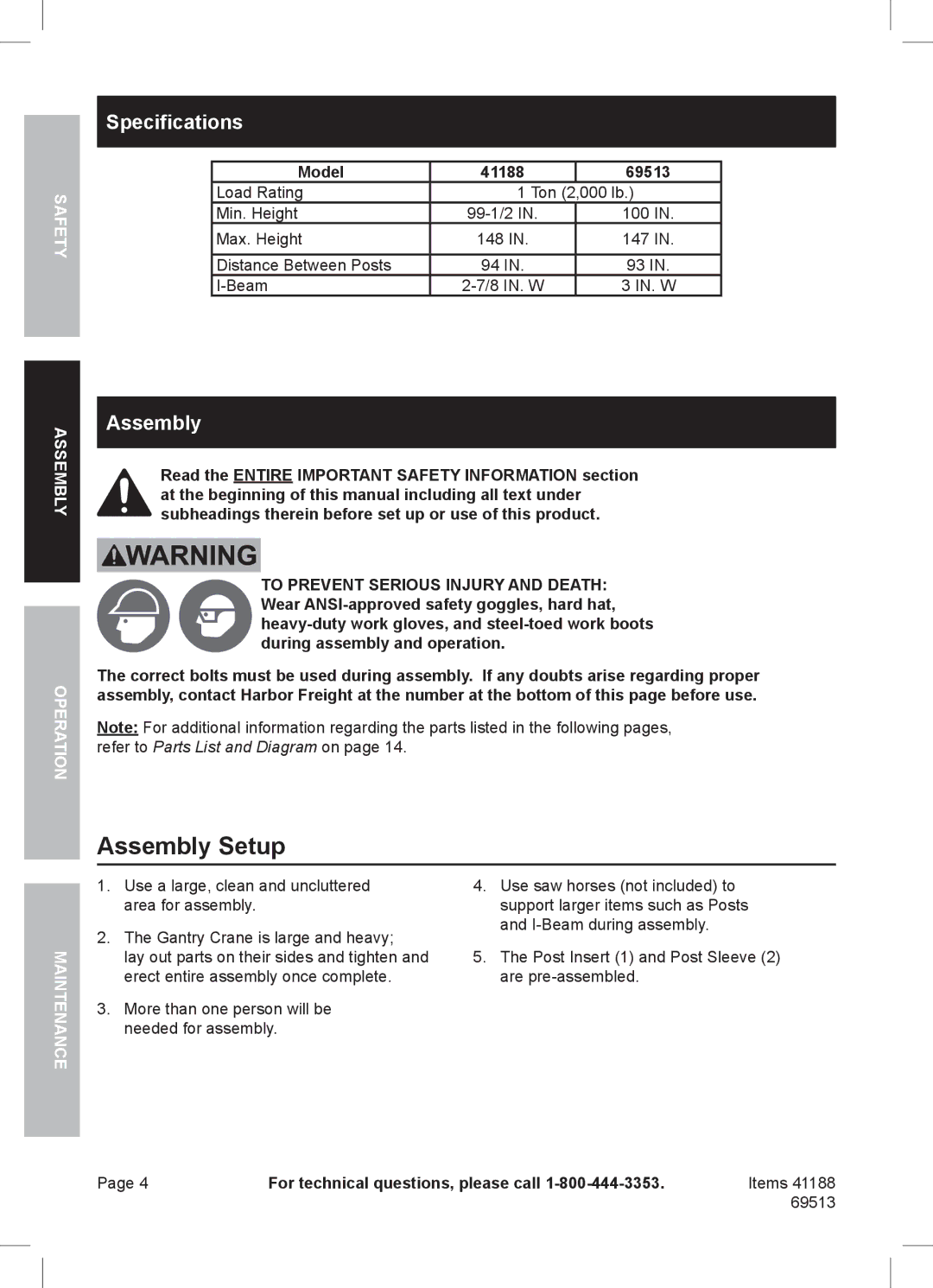 Harbor Freight Tools 69513, 41188 manual Assembly Setup, Specifications 