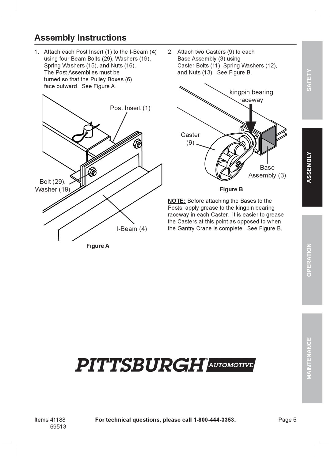 Harbor Freight Tools 41188, 69513 manual Assembly Instructions, Post Insert Bolt Washer Beam 