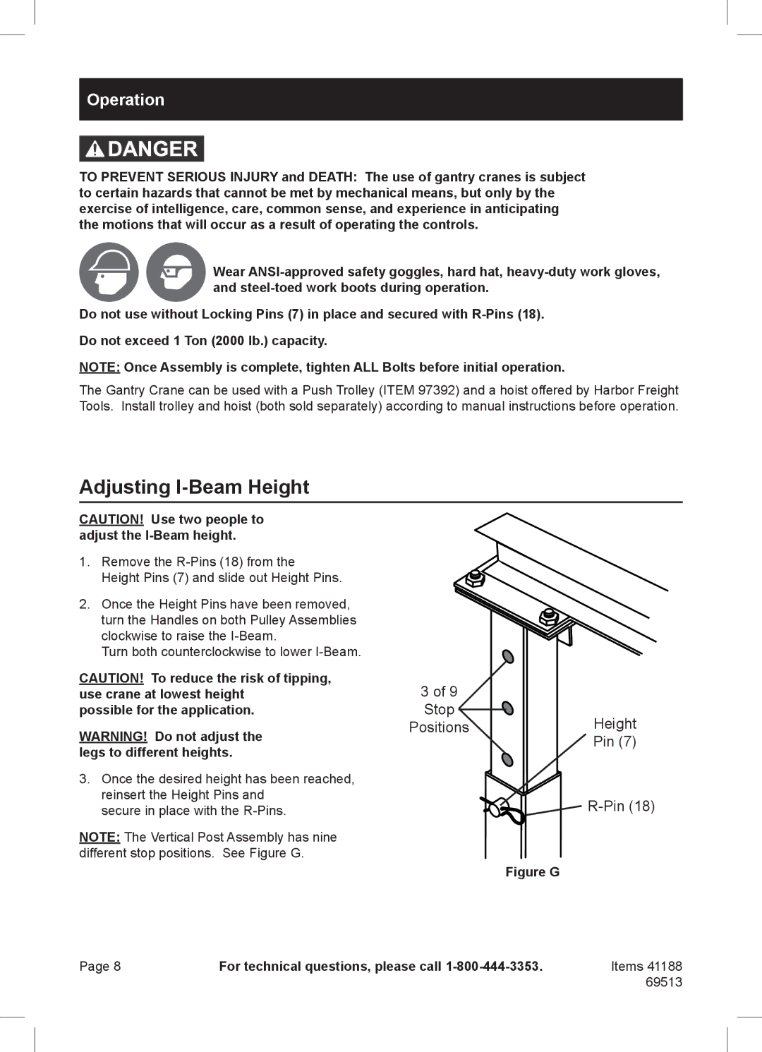 Harbor Freight Tools 69513, 41188 manual Adjusting I-Beam Height, Operation 