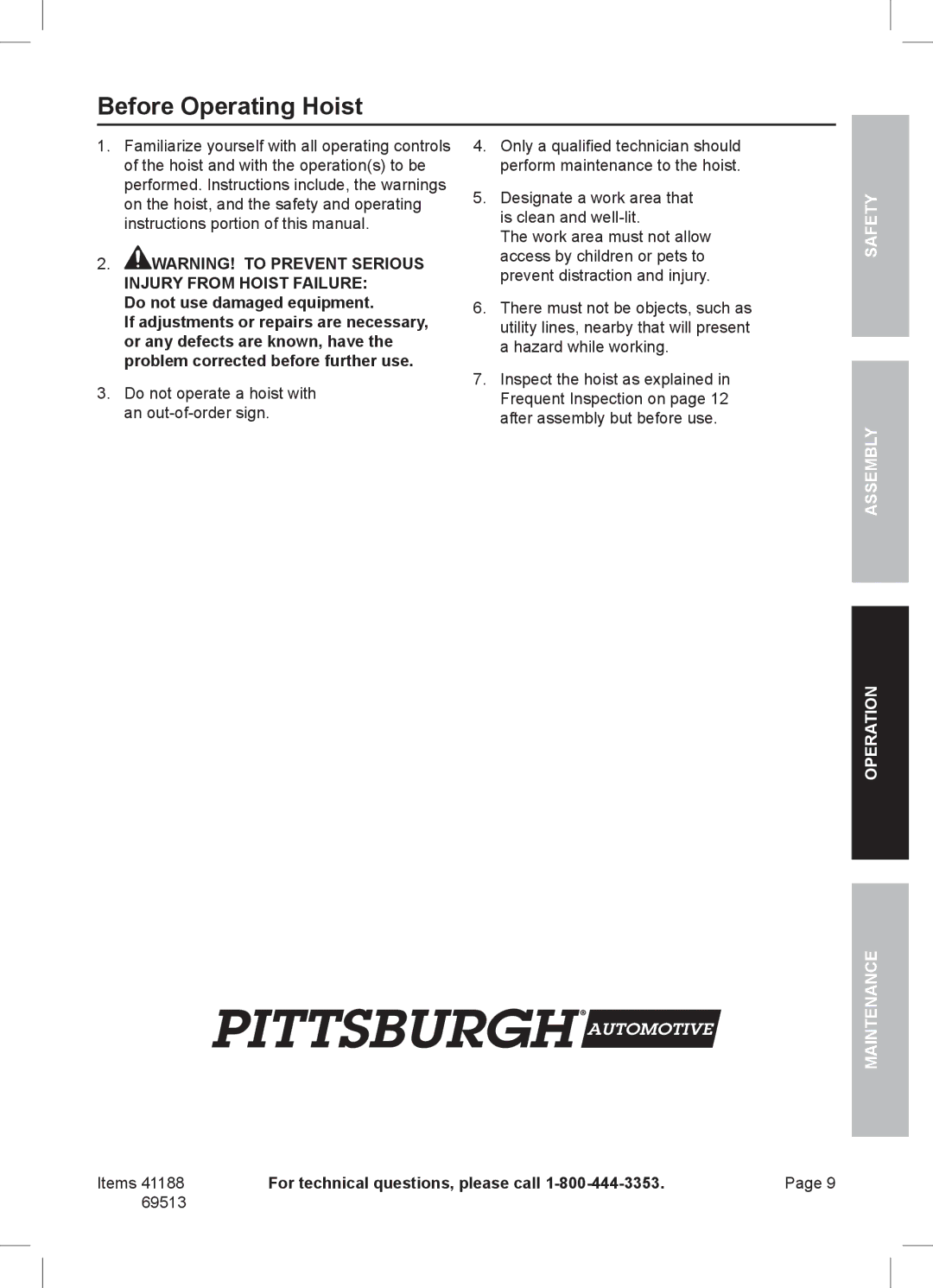 Harbor Freight Tools 41188, 69513 manual Before Operating Hoist, Do not use damaged equipment 