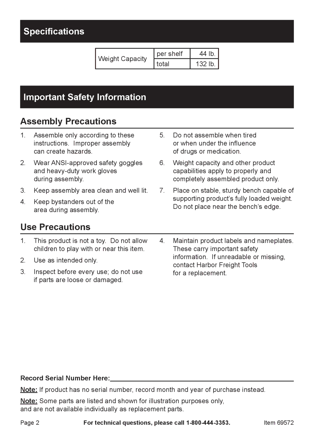 Harbor Freight Tools 69572 owner manual Specifications, Important Safety Information 