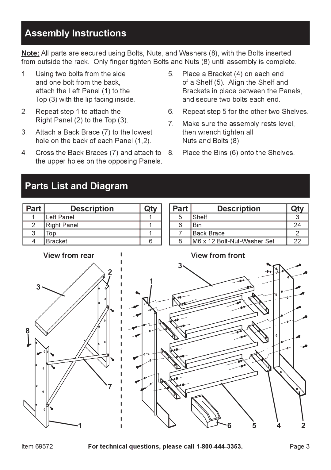 Harbor Freight Tools 69572 owner manual Assembly Instructions, Parts List and Diagram 