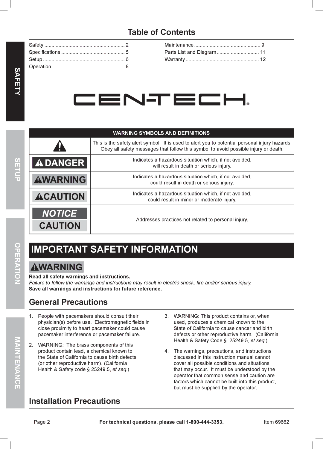 Harbor Freight Tools 69662 manual Table of Contents, General Precautions, Installation Precautions 