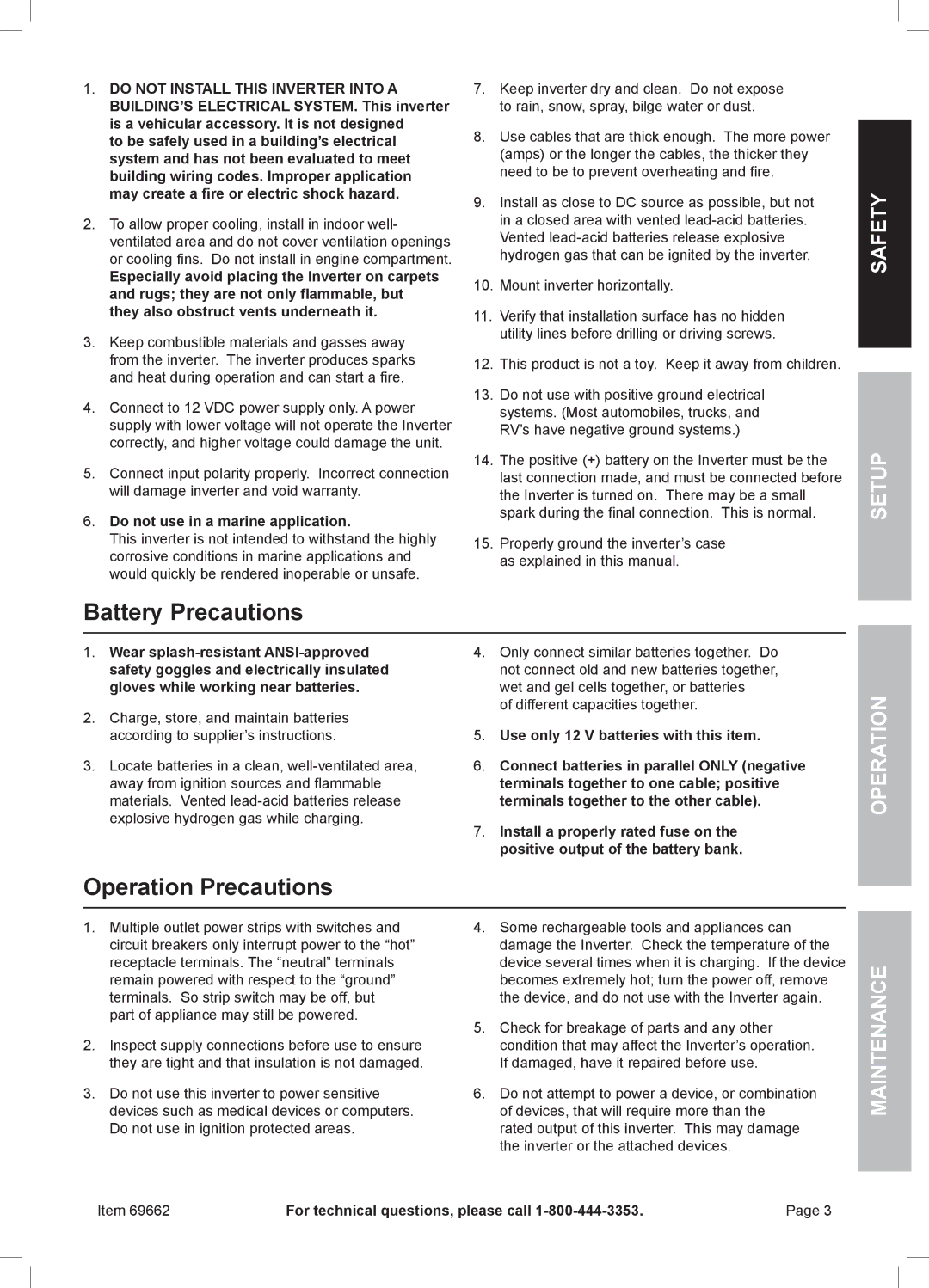 Harbor Freight Tools 69662 manual Battery Precautions, Operation Precautions, Safety Setup, Maintenance 