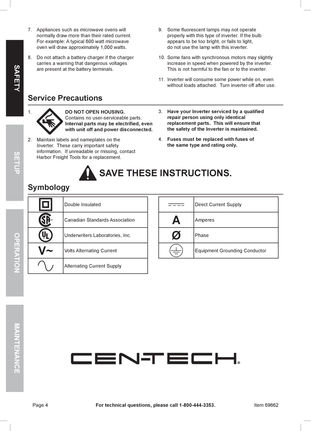 Harbor Freight Tools 69662 manual Service Precautions, Symbology, Fet Sa, No rati Ope Maintenan 