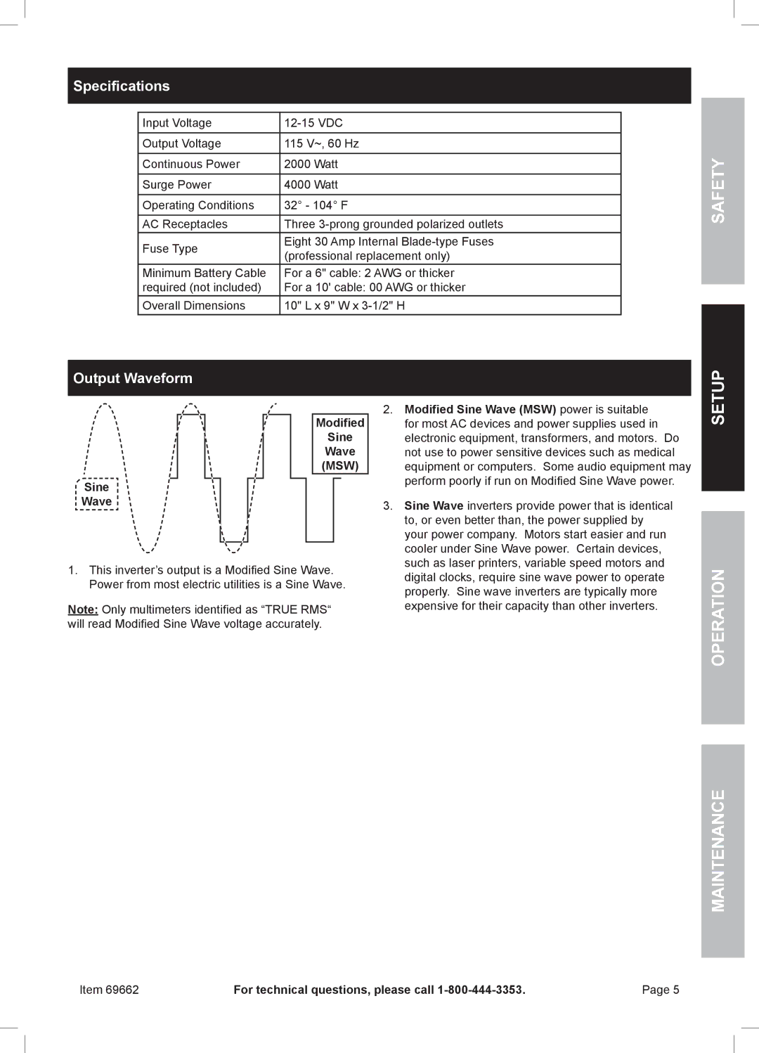 Harbor Freight Tools 69662 manual Setup Operation Maintenance, Specifications, Output Waveform, Modified Sine Wave 