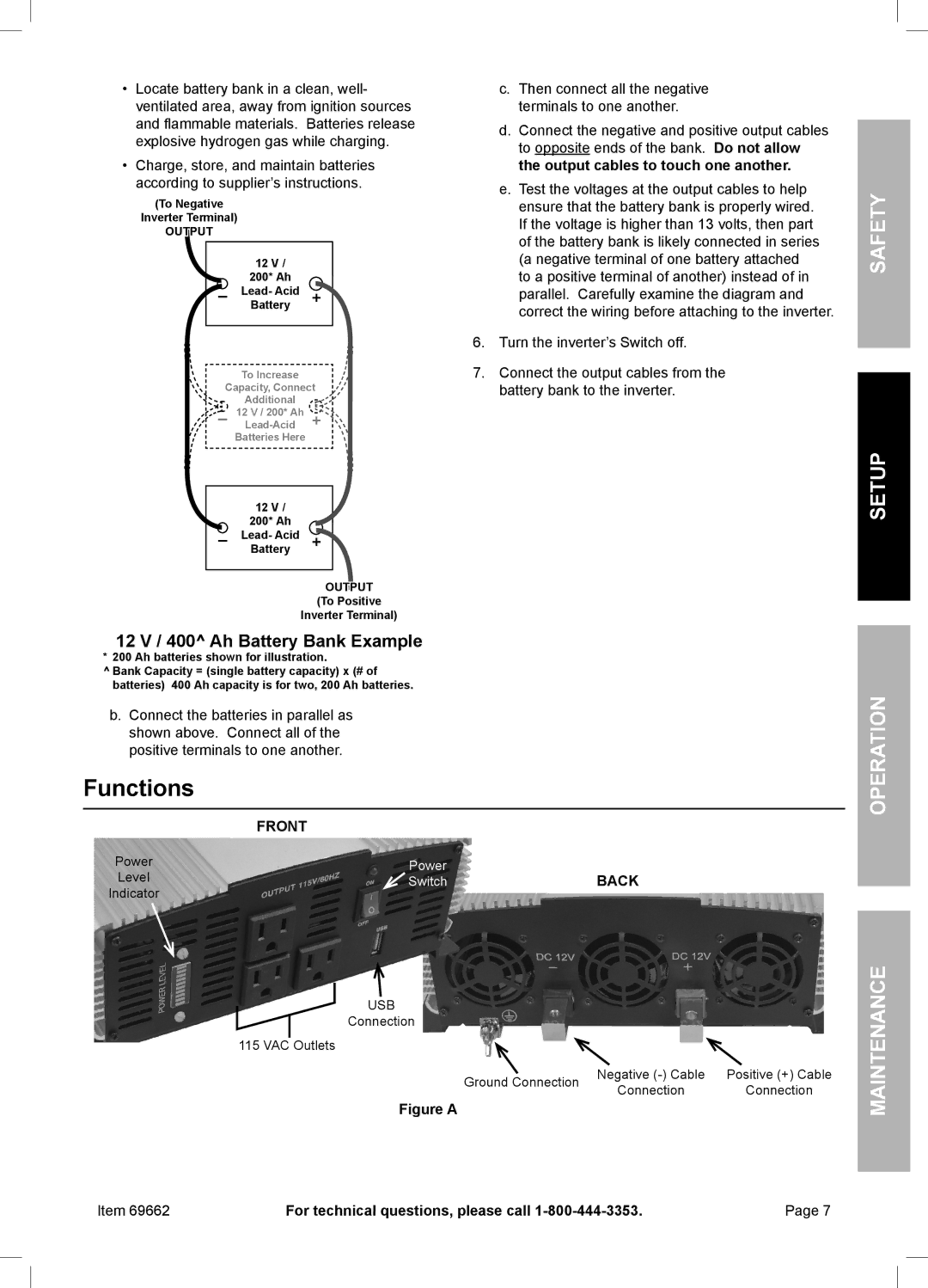 Harbor Freight Tools 69662 manual Functions, Operation Maintenance, 12 V / 400 Ah Battery Bank Example 