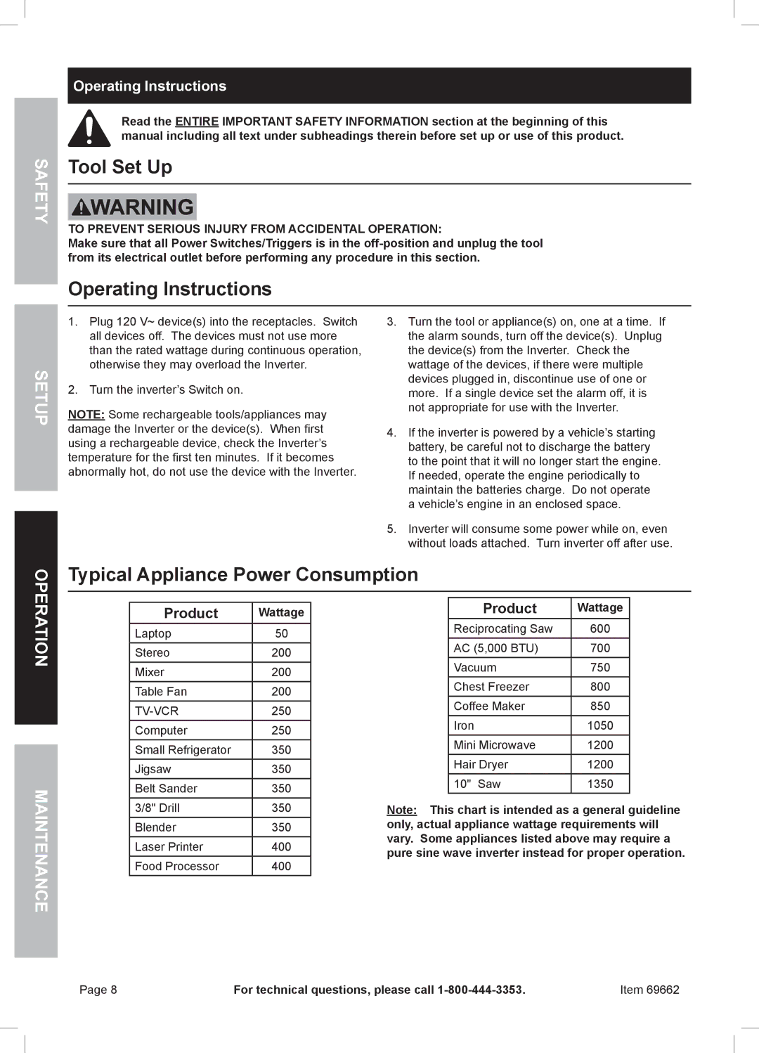 Harbor Freight Tools 69662 manual Tool Set Up, Operating Instructions, Typical Appliance Power Consumption, Setup No rati 