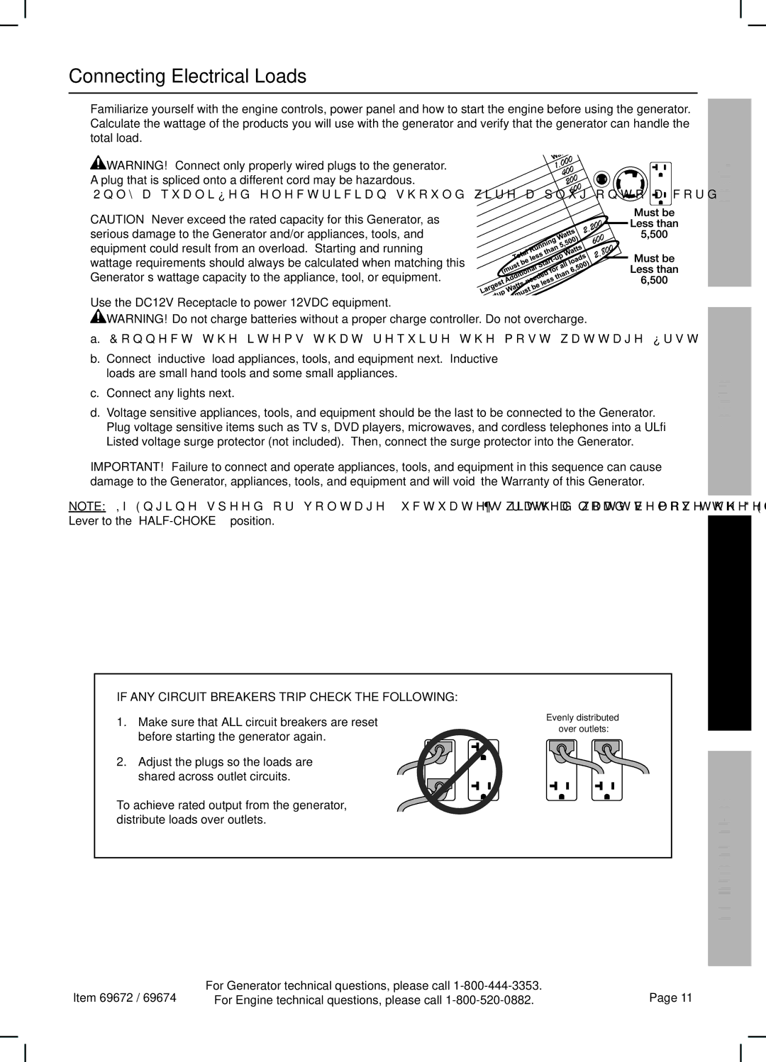 Harbor Freight Tools 69672 manual Connecting Electrical Loads, If ANY Circuit Breakers Trip Check the Following 