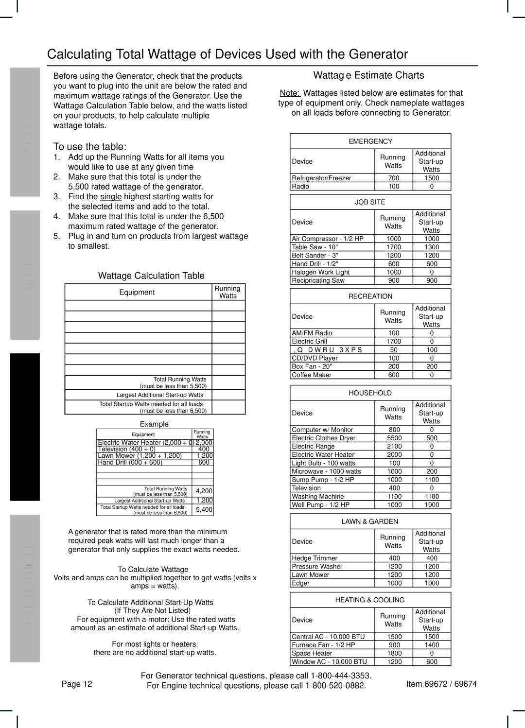 Harbor Freight Tools 69672 manual To use the table, Wattage Estimate Charts, Equipment, Example, To Calculate Wattage 