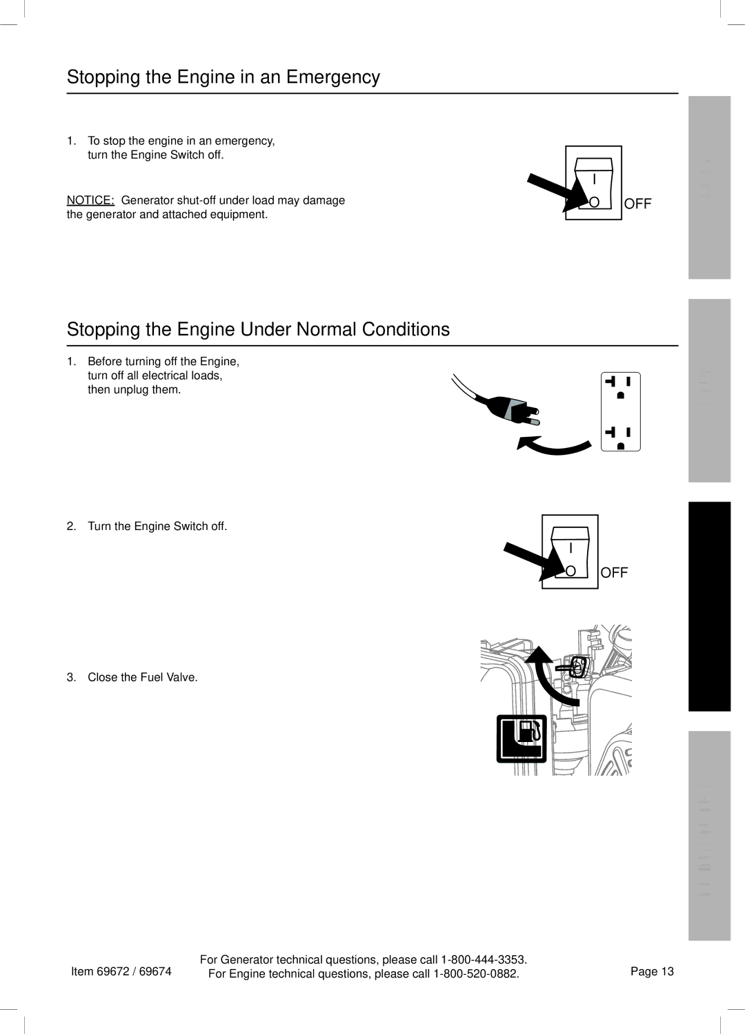 Harbor Freight Tools 69672 manual Stopping the Engine in an Emergency, Stopping the Engine Under Normal Conditions 