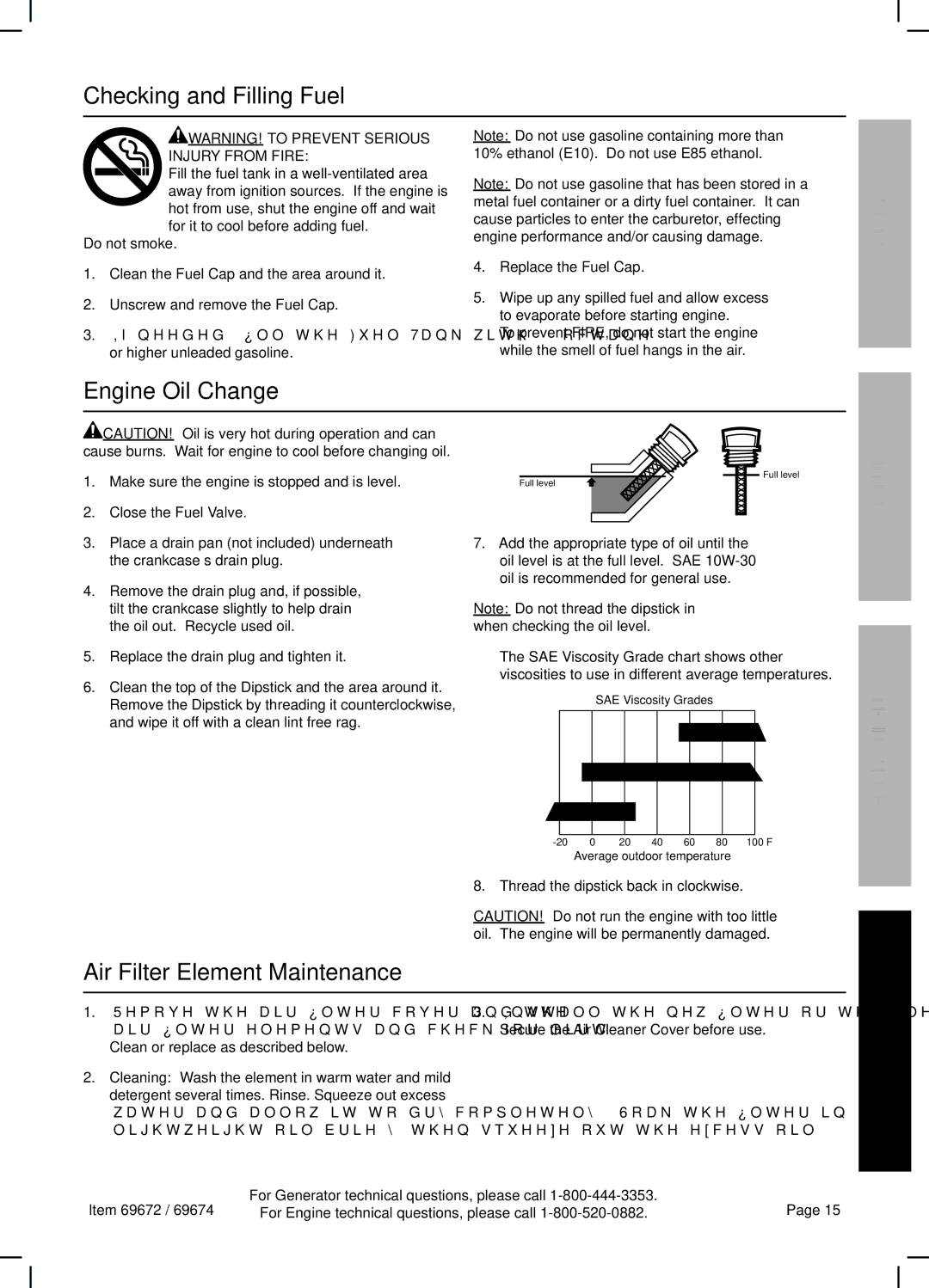 Harbor Freight Tools 69672 manual Checking and Filling Fuel, Engine Oil Change, Air Filter Element Maintenance 