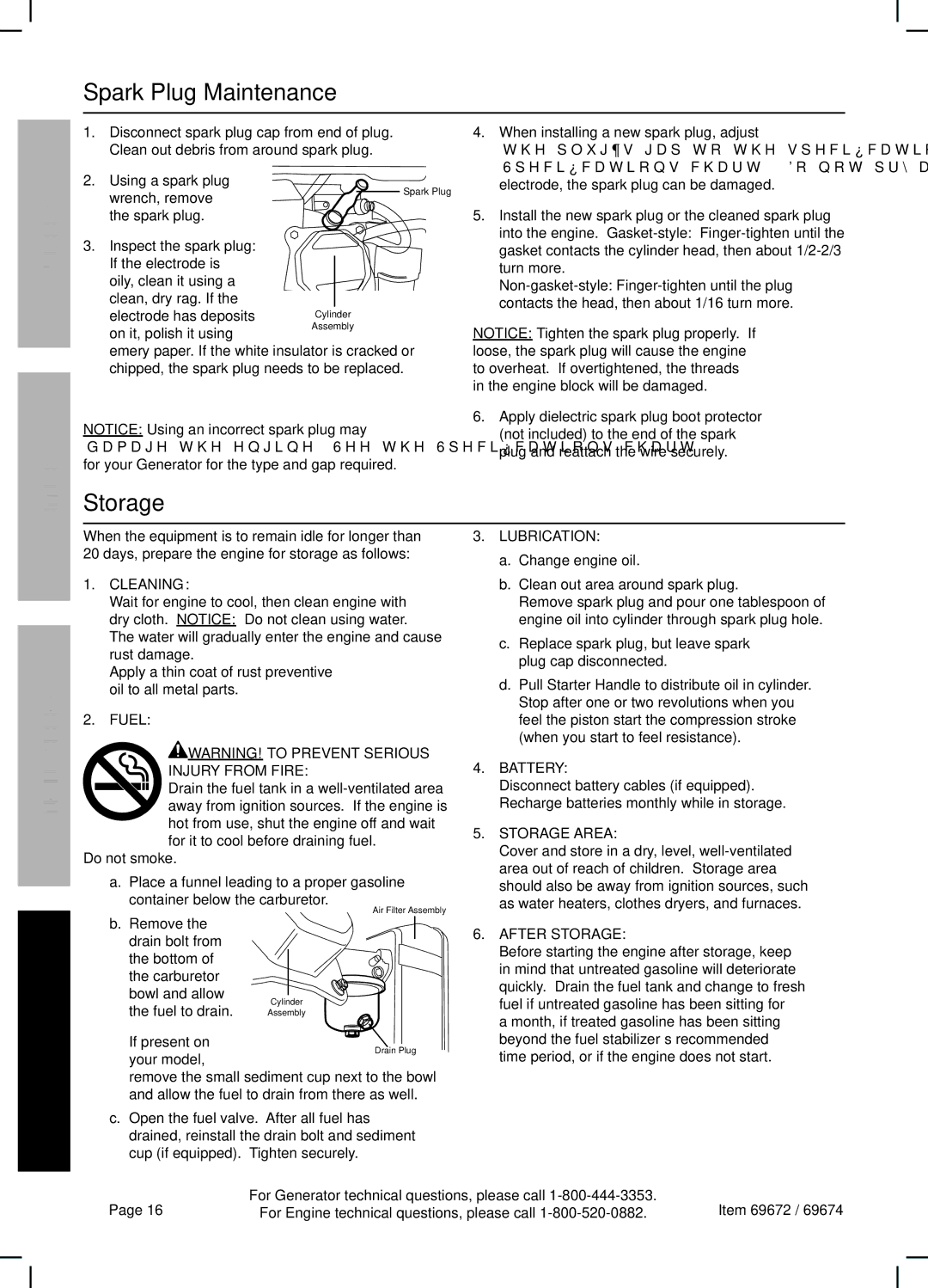 Harbor Freight Tools 69672 manual Spark Plug Maintenance, Storage 