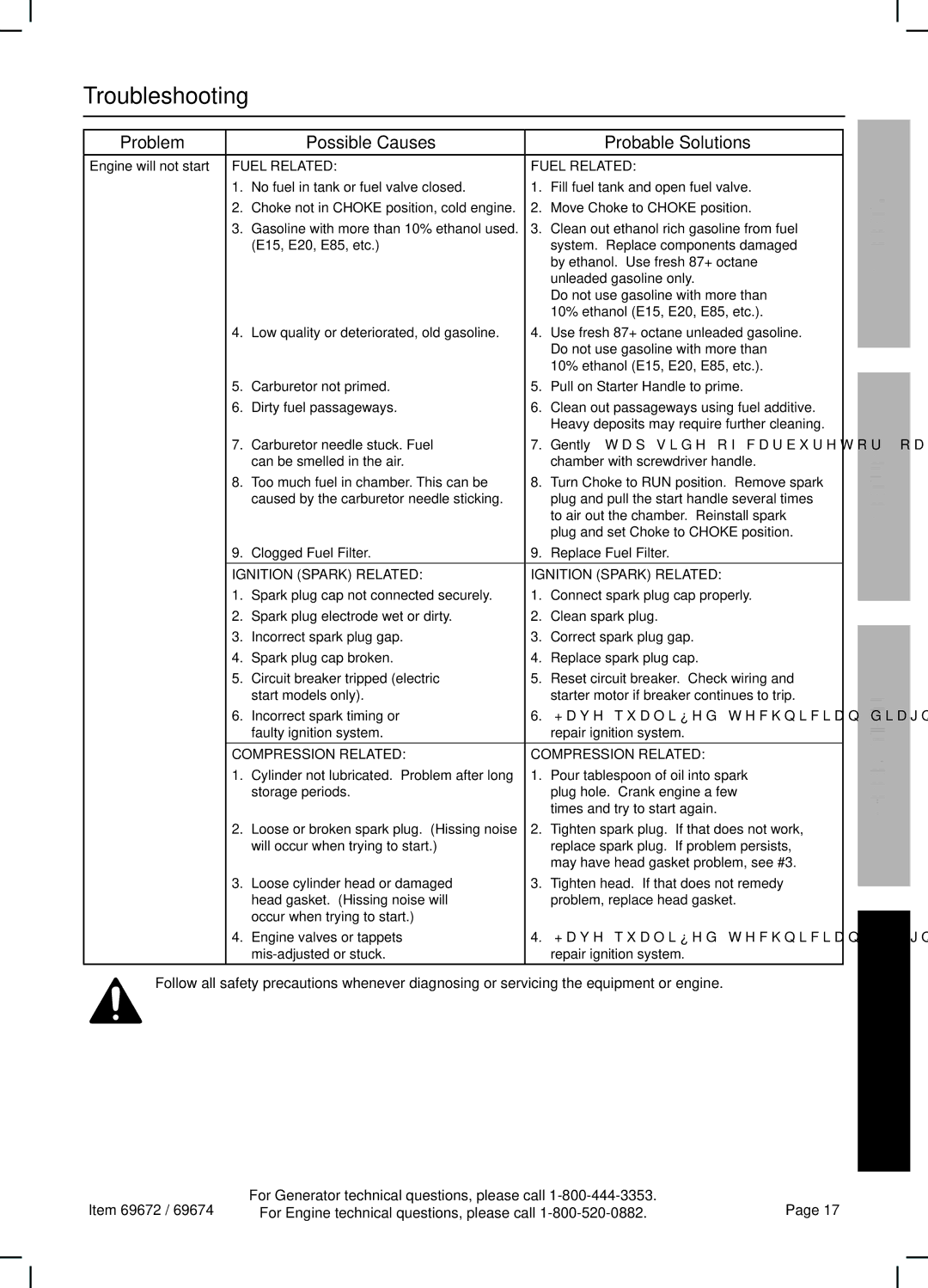 Harbor Freight Tools 69672 Troubleshooting, Problem Possible Causes Probable Solutions, Do not use gasoline with more than 