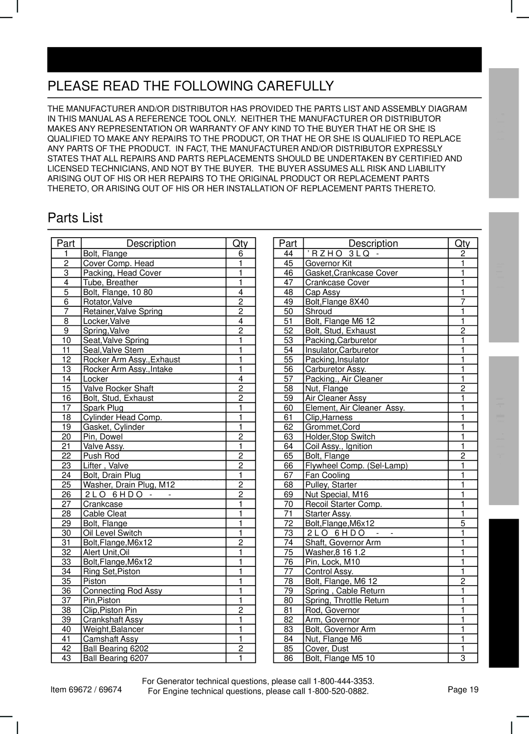 Harbor Freight Tools 69672 manual Parts List, Qty Part Description 