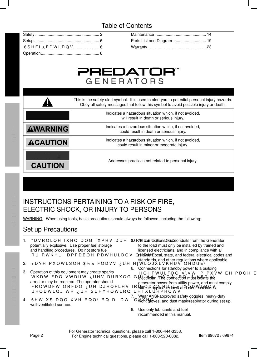 Harbor Freight Tools 69672 manual Table of Contents, Set up Precautions 