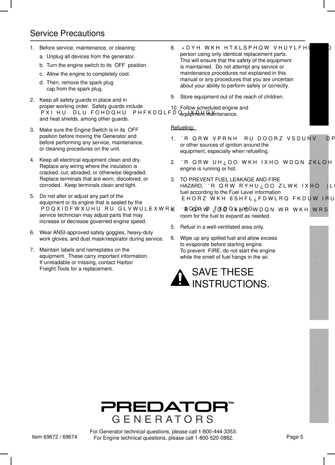 Harbor Freight Tools 69672 manual Service Precautions, Refueling 