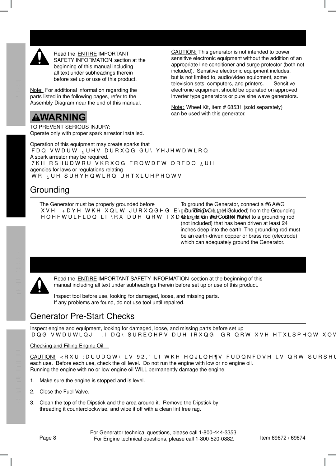 Harbor Freight Tools 69672 manual Grounding, Generator Pre-Start Checks, Operation Maintenance, To Prevent Serious Injury 