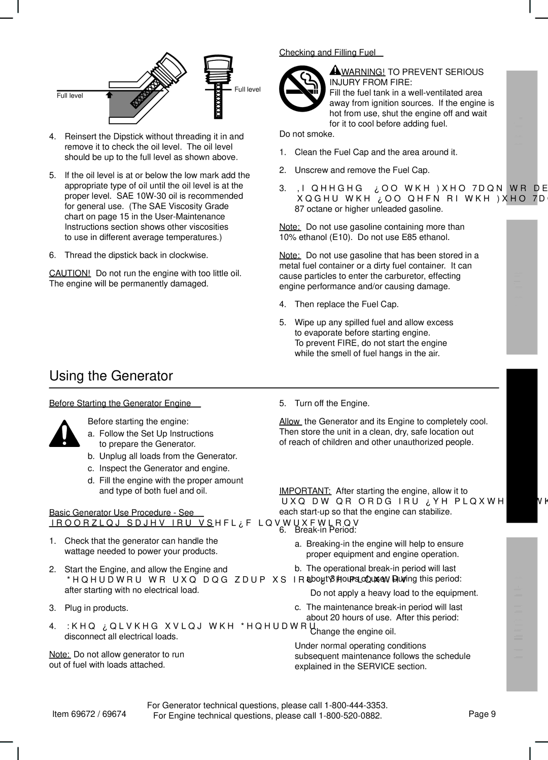 Harbor Freight Tools 69672 manual Using the Generator, Checking and Filling Fuel, Injury from Fire 