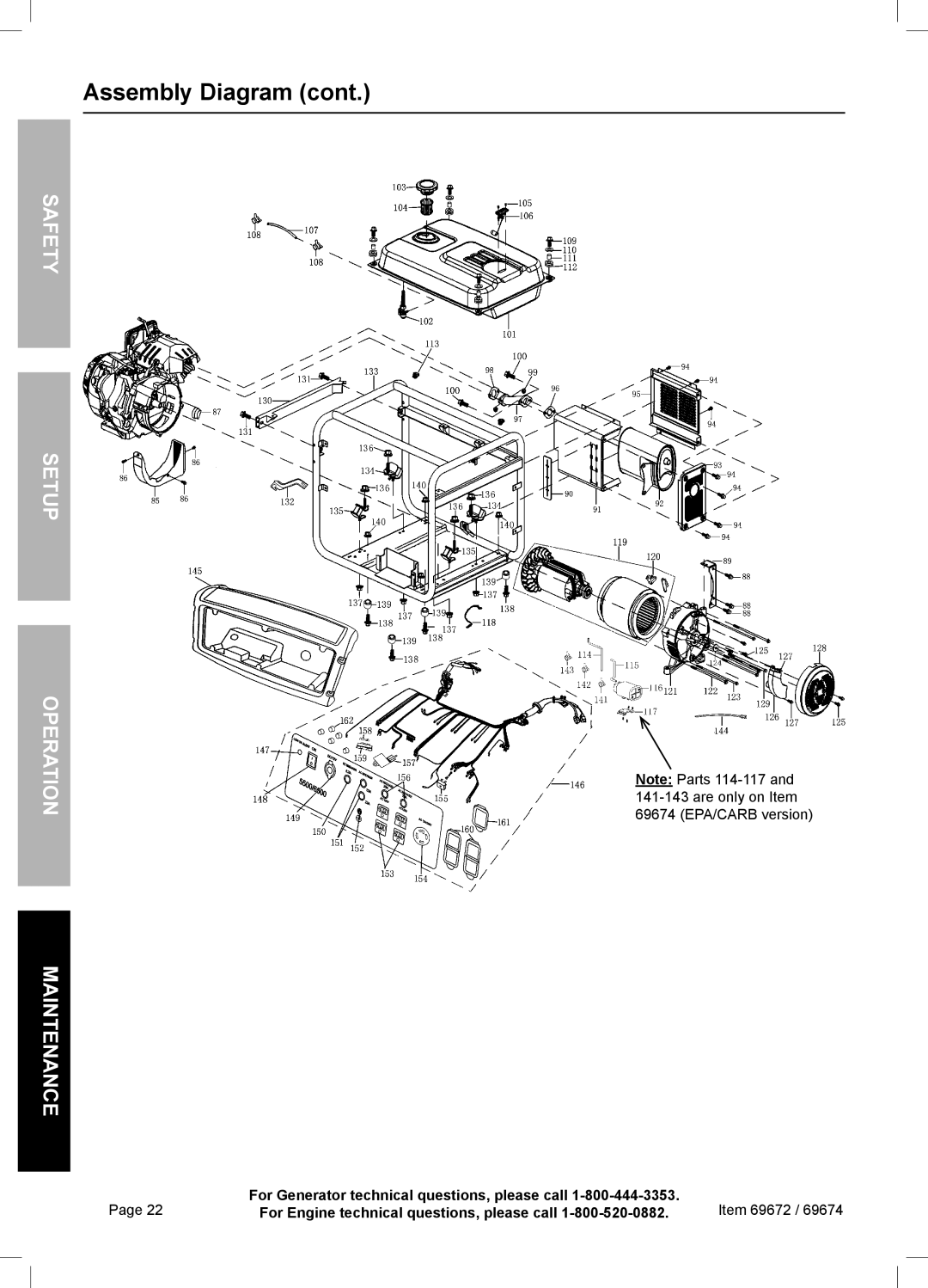 Harbor Freight Tools 69672 manual Assembly Diagram cont, Safety Setup Operation Maintenance, Page 